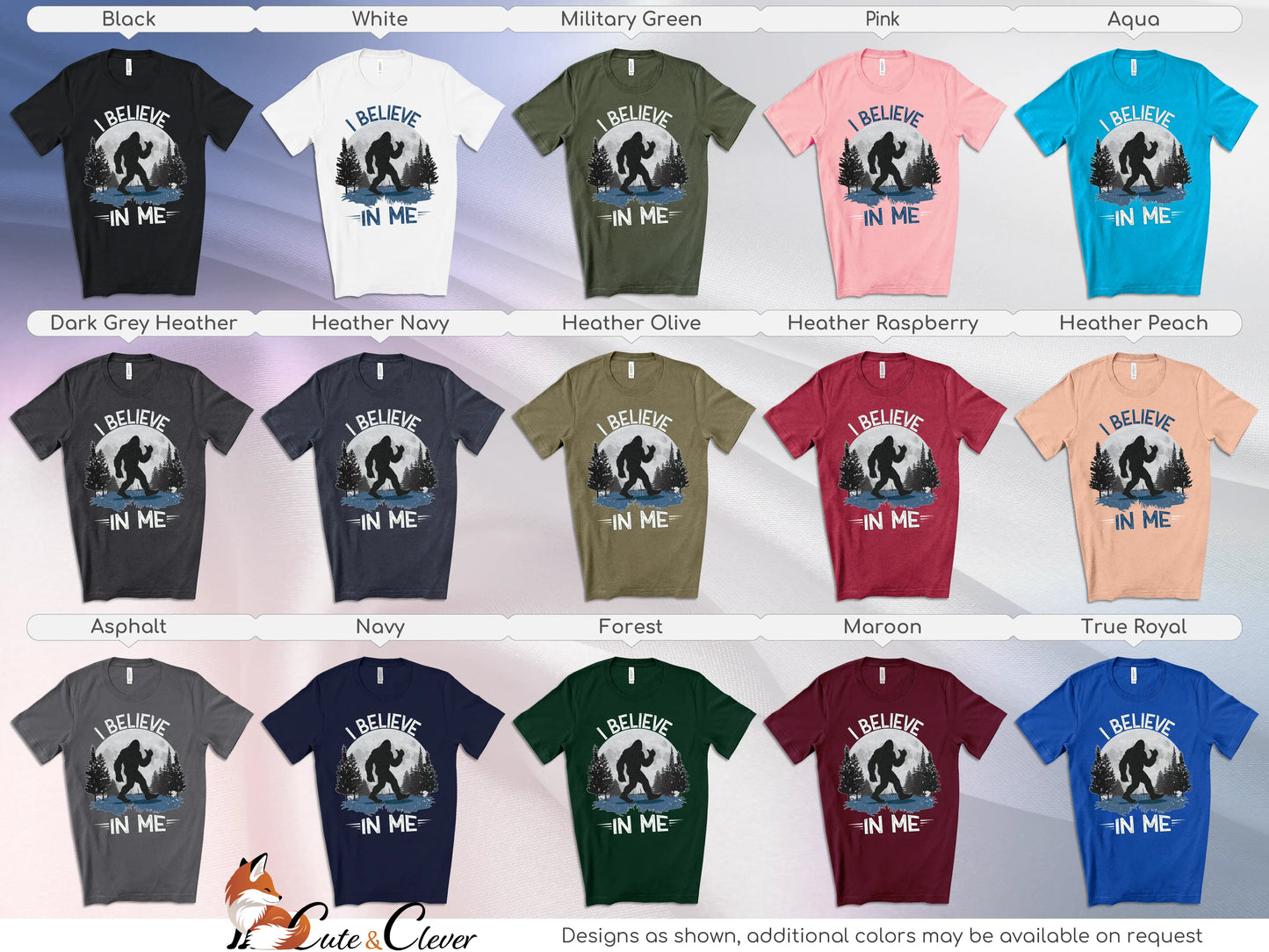 Bigfoot Believes T-Shirts displayed in a grid listing 15 color choices and corresponding design variations on a silk background