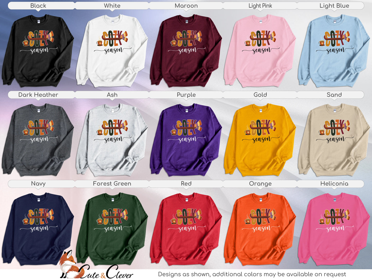 15 Cozy Season sweatshirts displayed in a grid listing color choices and corresponding design variations on a silk background