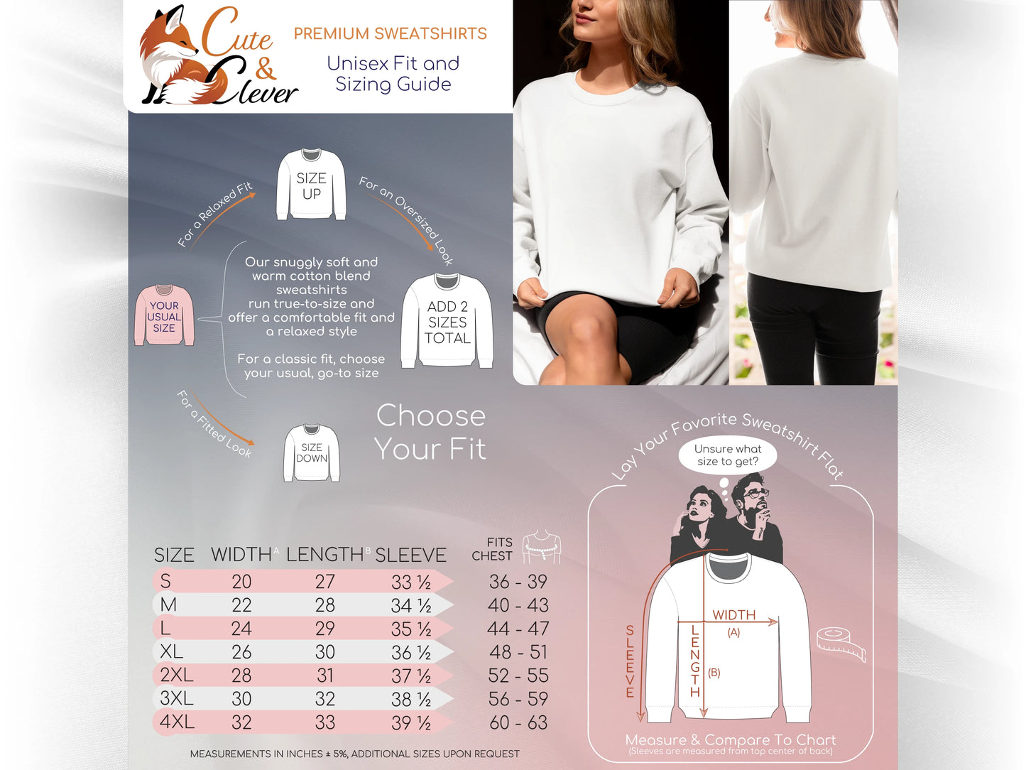 Cute & Clever sweatshirt fitting guide and size chart with female model showing the front and back of blank white sweatshirt