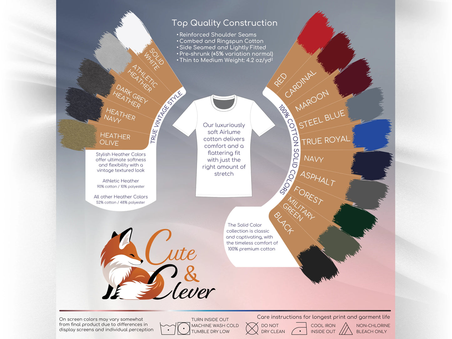 Cute & Clever T-Shirt fabric, construction, color and laundry care guide showing swatches for 15 masculine color offerings