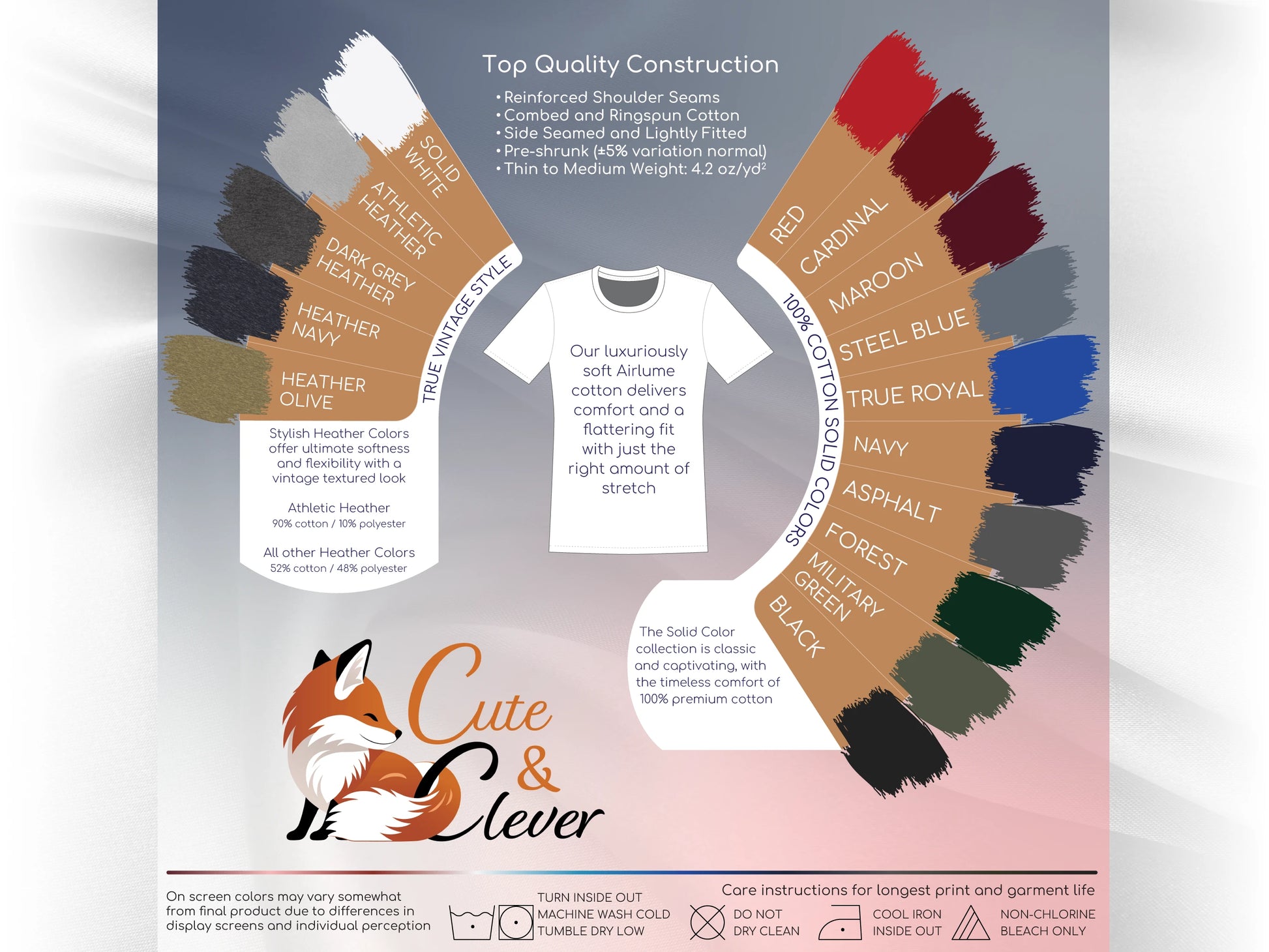 Cute & Clever T-Shirt fabric, construction, color and laundry care guide showing swatches for 15 masculine color offerings