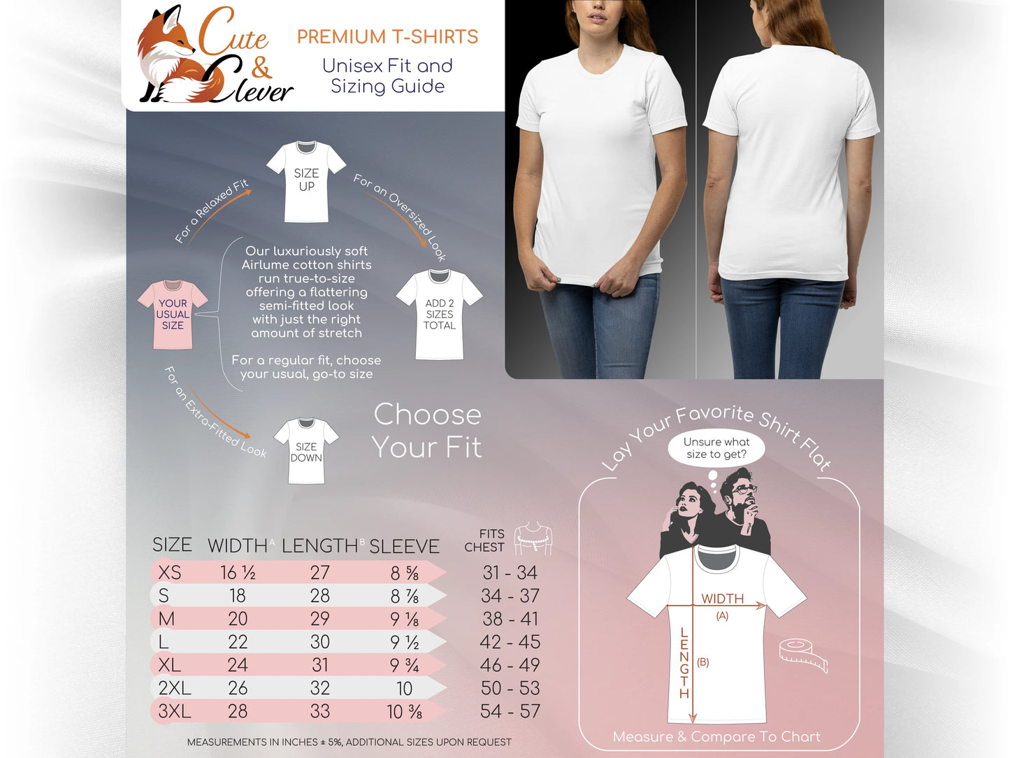 Cute & Clever T-Shirt fitting guide and size chart with model showing the front and back of blank white T-Shirt