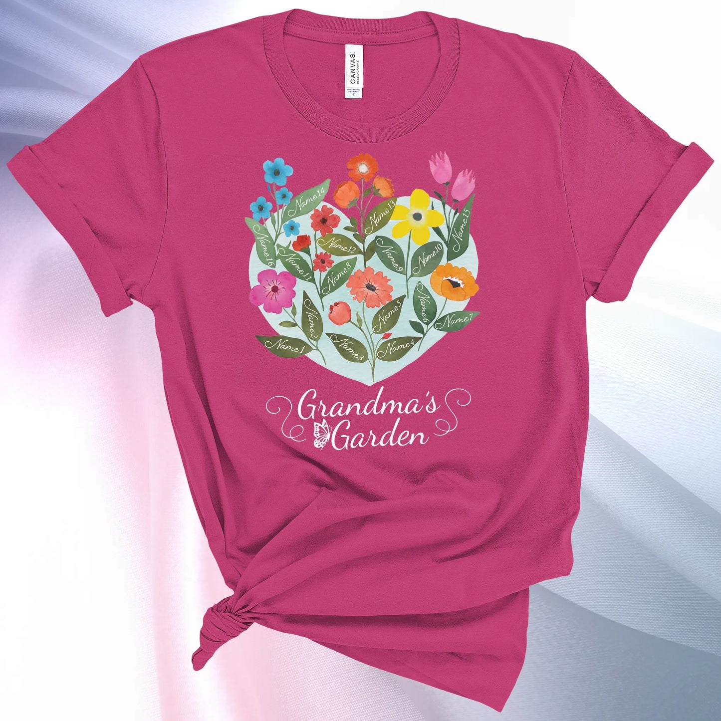 Berry colored Grandmas Garden T-Shirt for women, showcase up to 16 names on the leaves of beautiful flowers