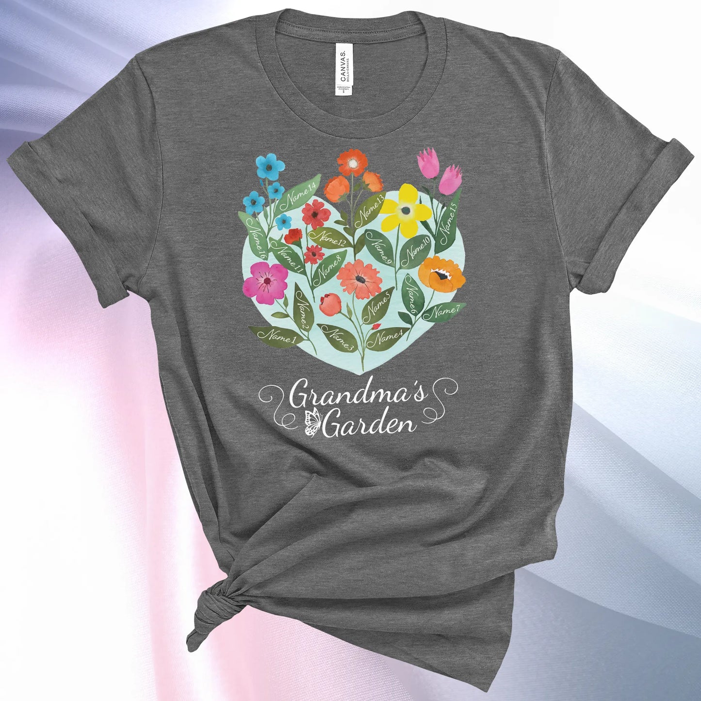 Deep Heather colored Grandmas Garden T-Shirt for women, showcase up to 16 names on the leaves of beautiful flowers