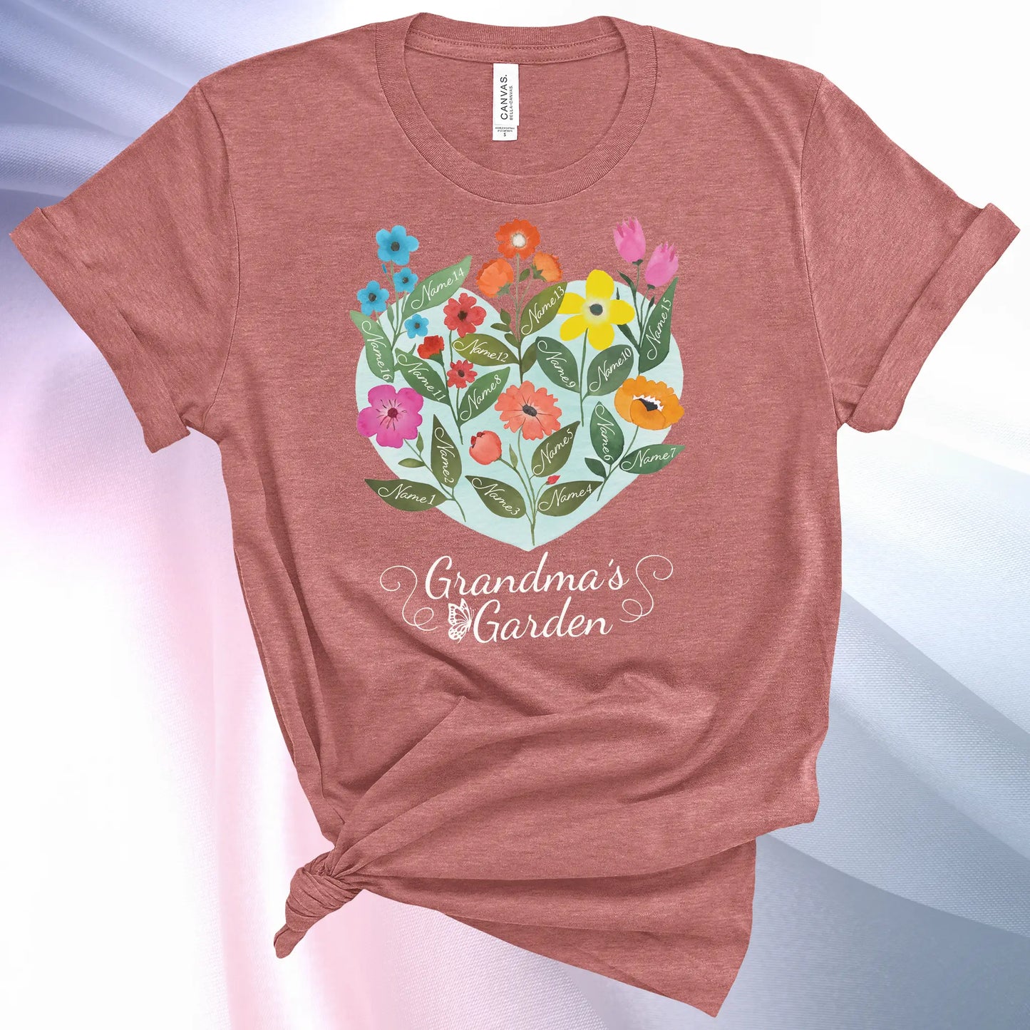 Heather Mauve colored Grandmas Garden T-Shirt for women, showcase up to 16 names on the leaves of beautiful flowers