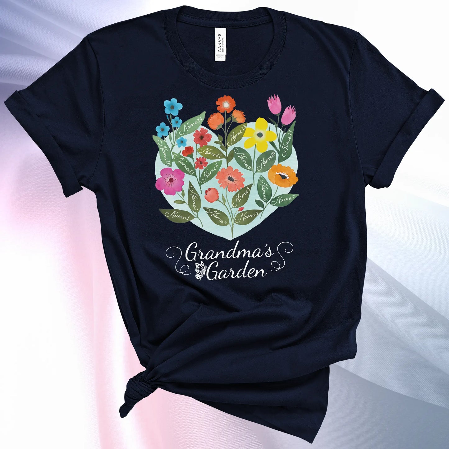 Navy colored Grandmas Garden T-Shirt for women, showcase up to 16 names on the leaves of beautiful flowers