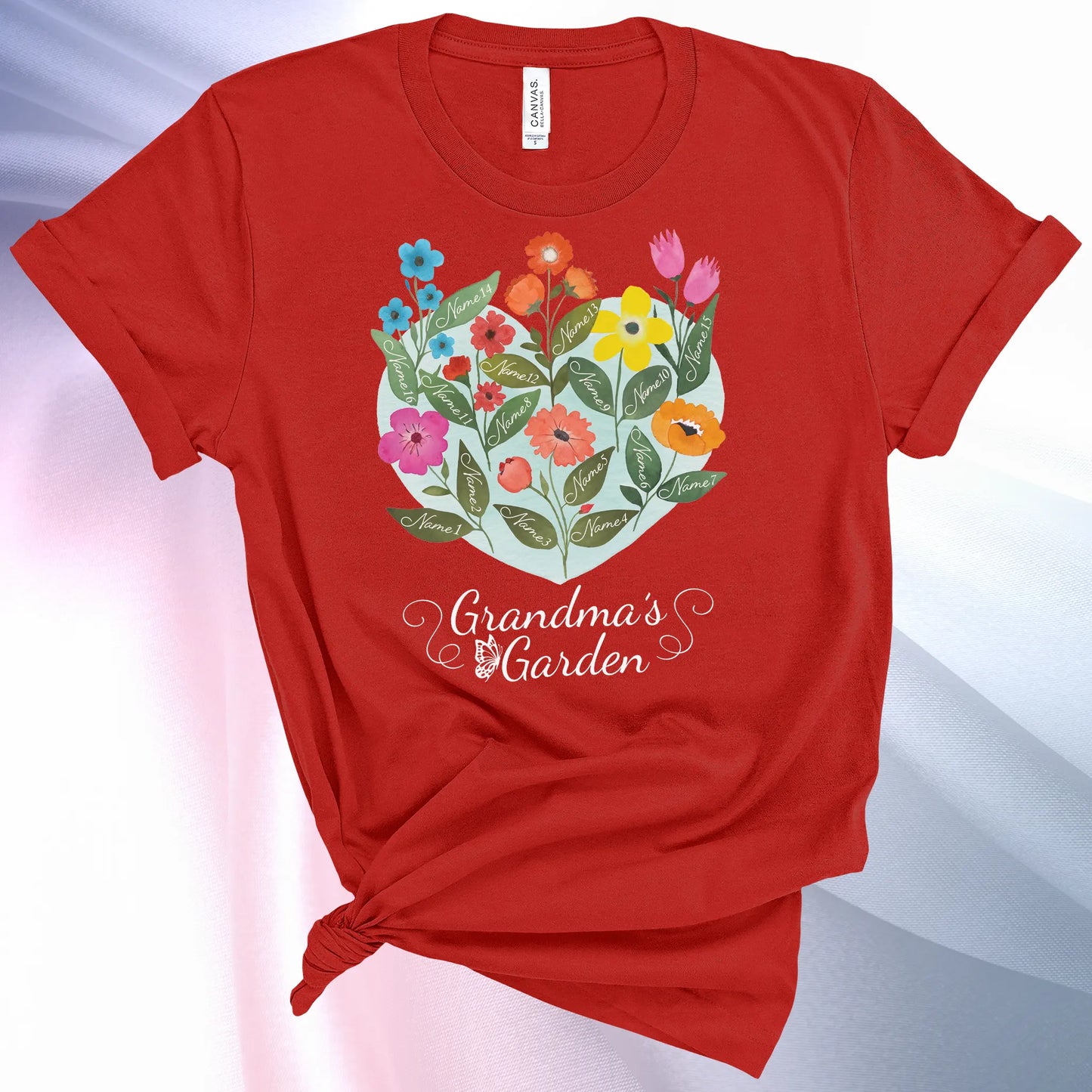 Red colored Grandmas Garden T-Shirt for women, showcase up to 16 names on the leaves of beautiful flowers