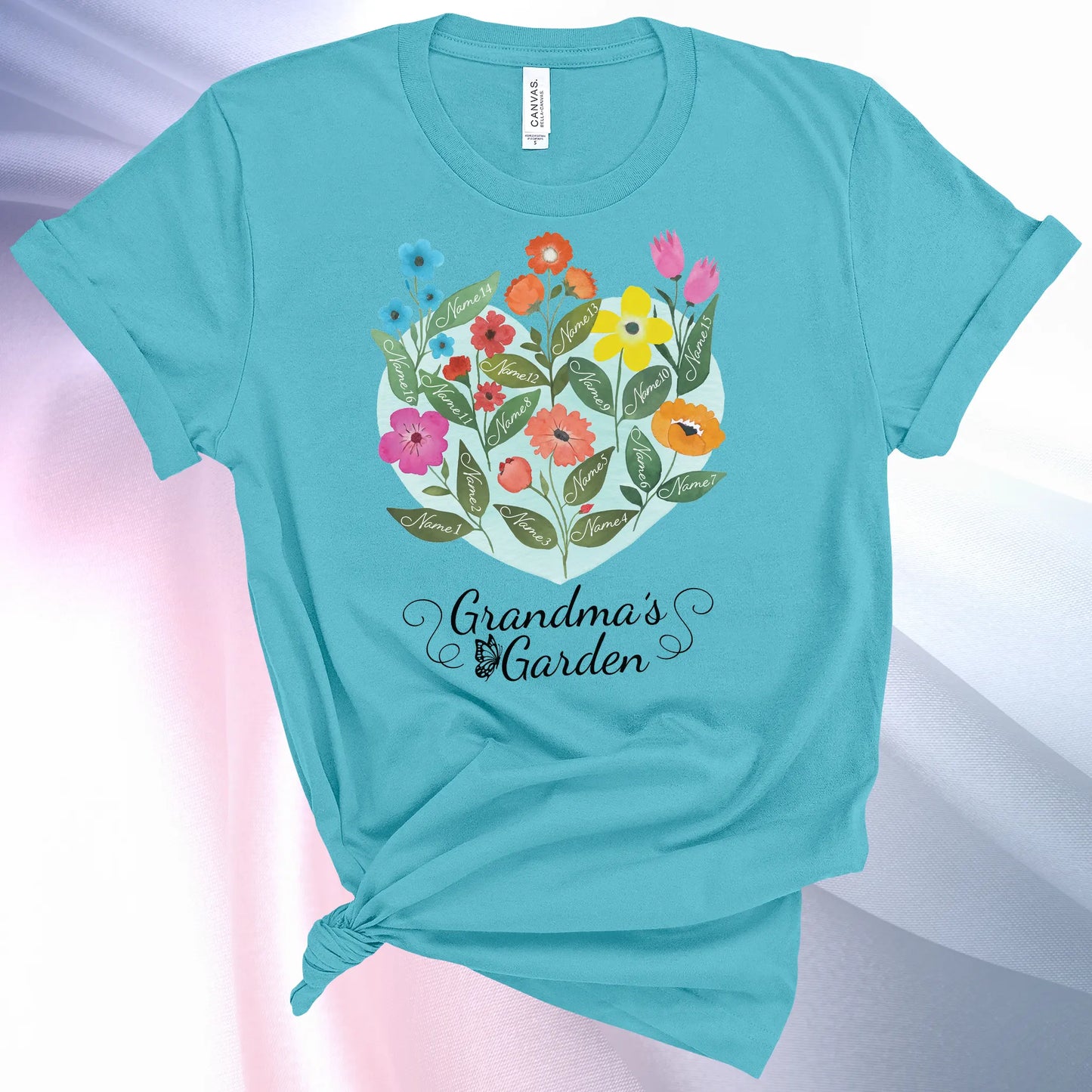 Turquoise colored Grandmas Garden T-Shirt for women, showcase up to 16 names on the leaves of beautiful flowers