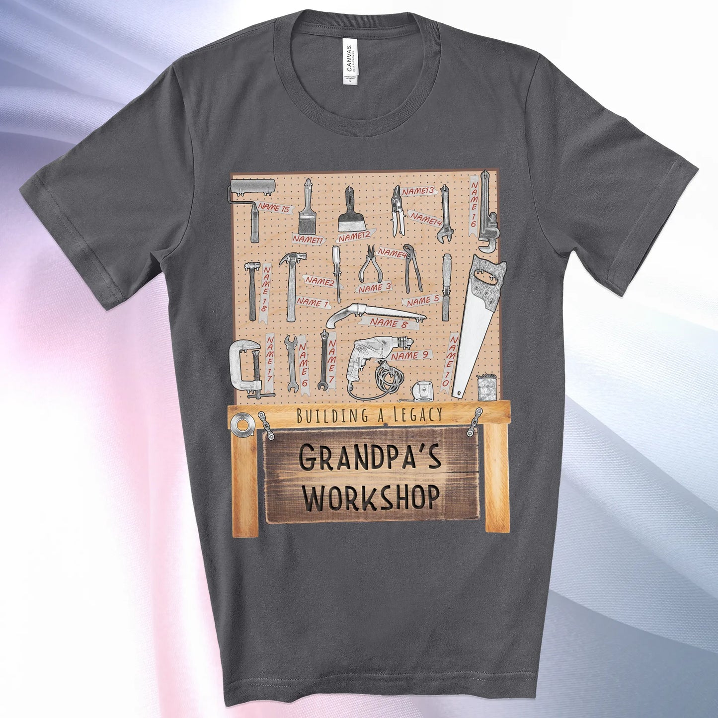 Asphalt colored Grandpa's Workshop T-Shirt —showcase up to 18 people or pets using hand tool labels on a pegboard