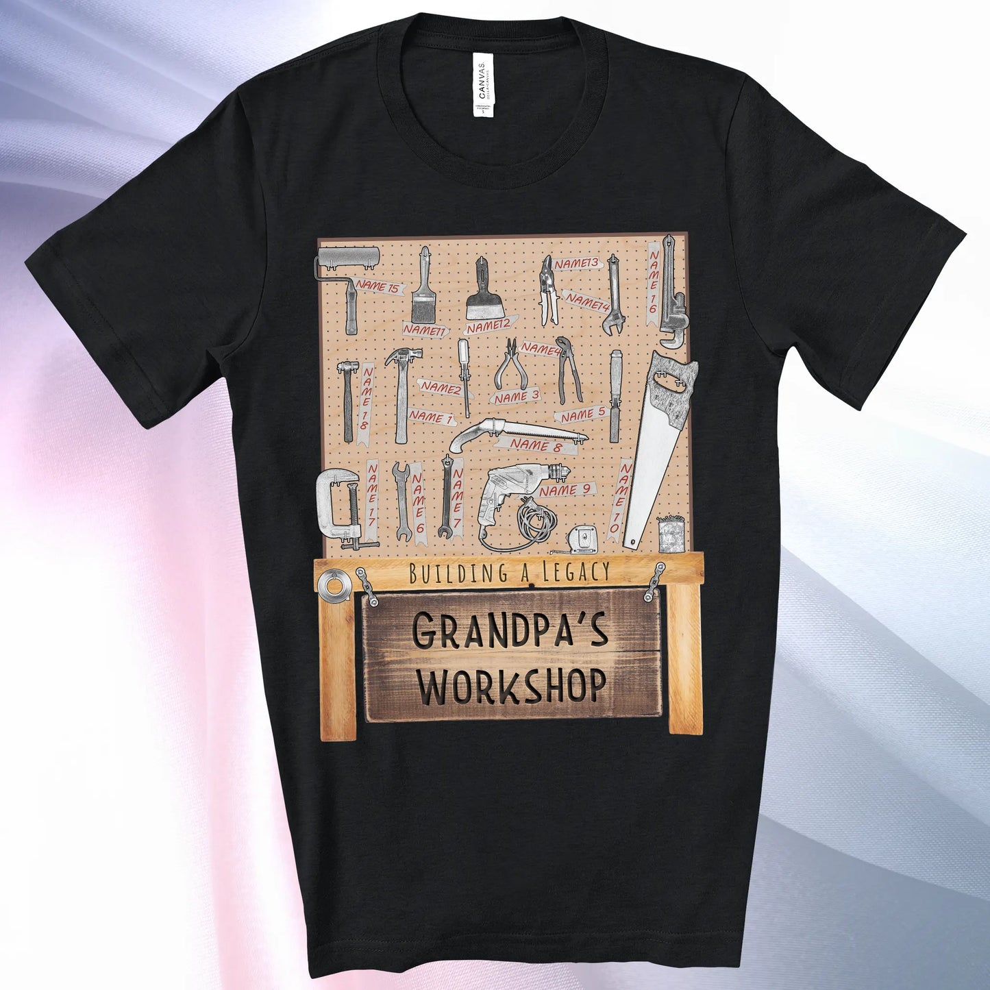 Black colored Grandpa's Workshop T-Shirt —showcase up to 18 people or pets using hand tool labels on a pegboard