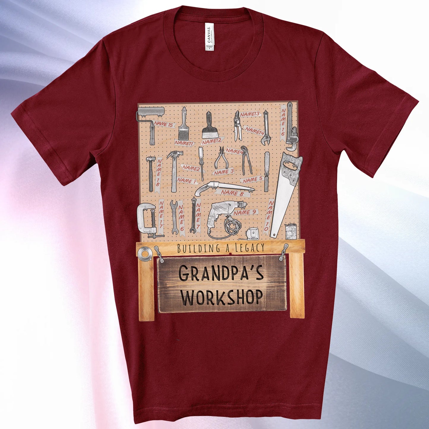 Cardinal colored Grandpa's Workshop T-Shirt —showcase up to 18 people or pets using hand tool labels on a pegboard