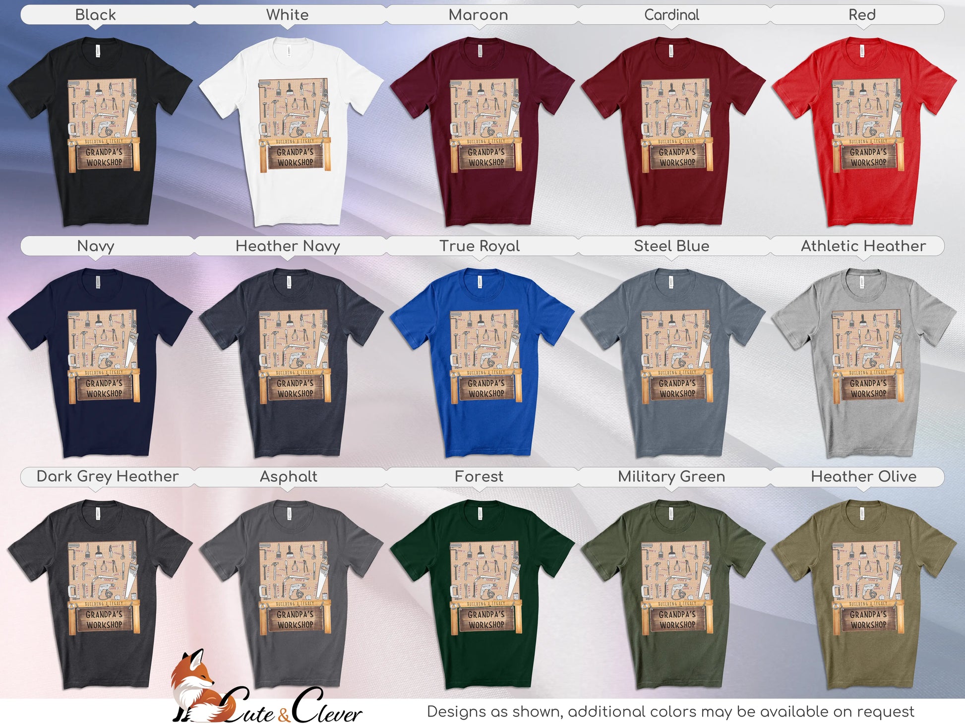 Grandpa's Workshop T-Shirts displayed in a grid listing 15 color choices and corresponding design variations on a silk background