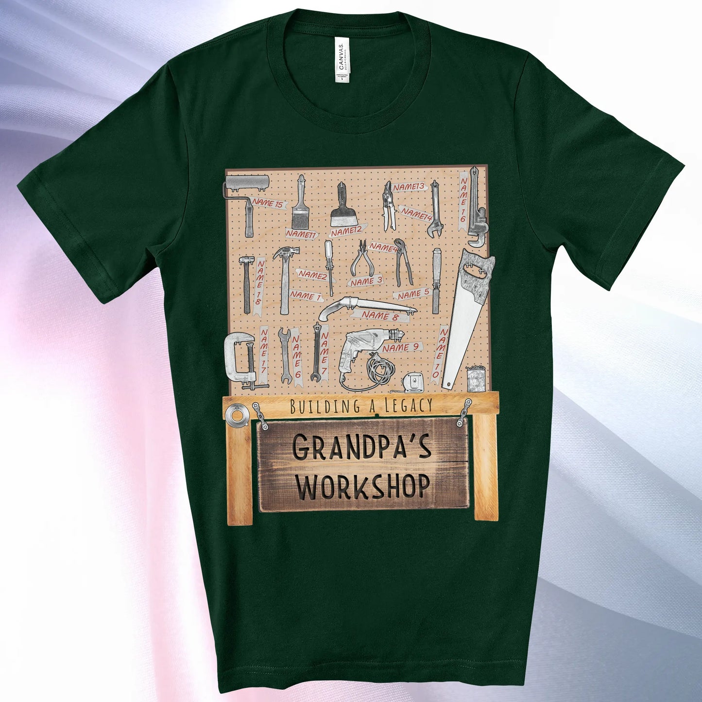 Forest colored Grandpa's Workshop T-Shirt —showcase up to 18 people or pets using hand tool labels on a pegboard