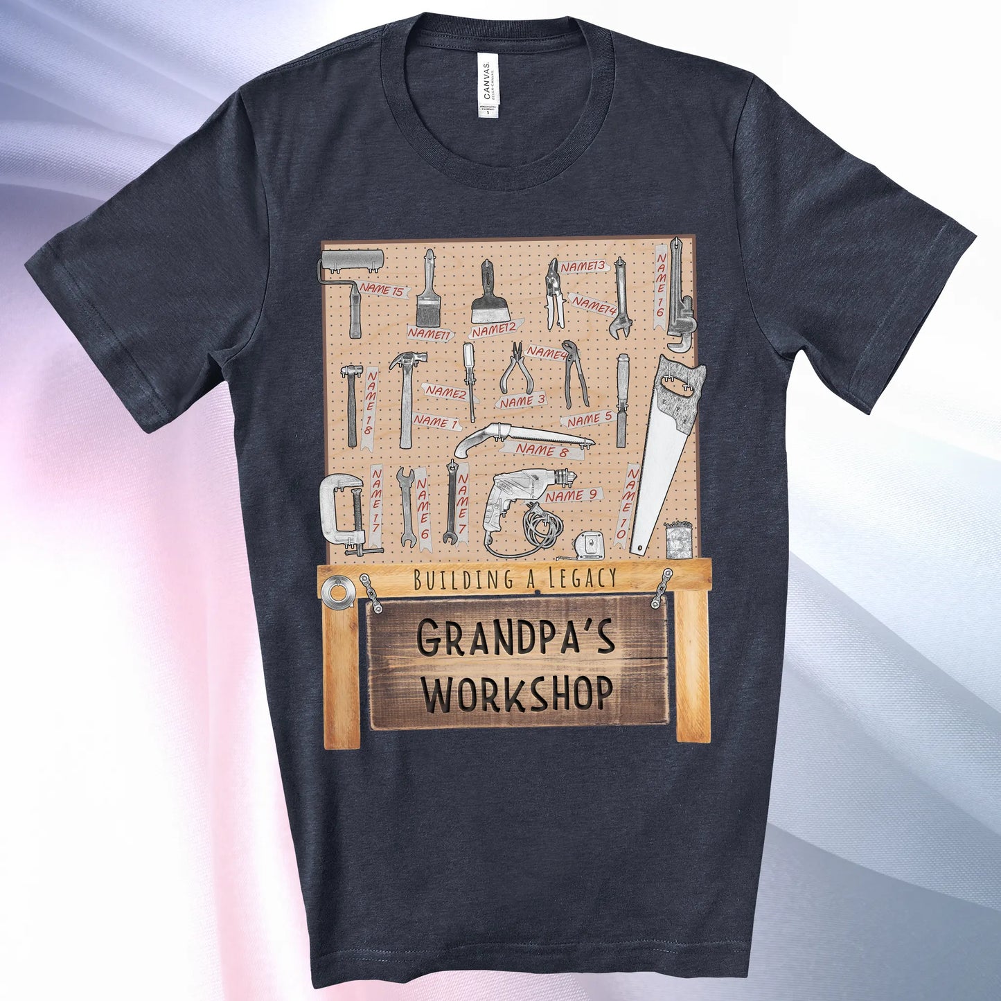 Heather Navy colored Grandpa's Workshop T-Shirt —showcase up to 18 people or pets using hand tool labels on a pegboard