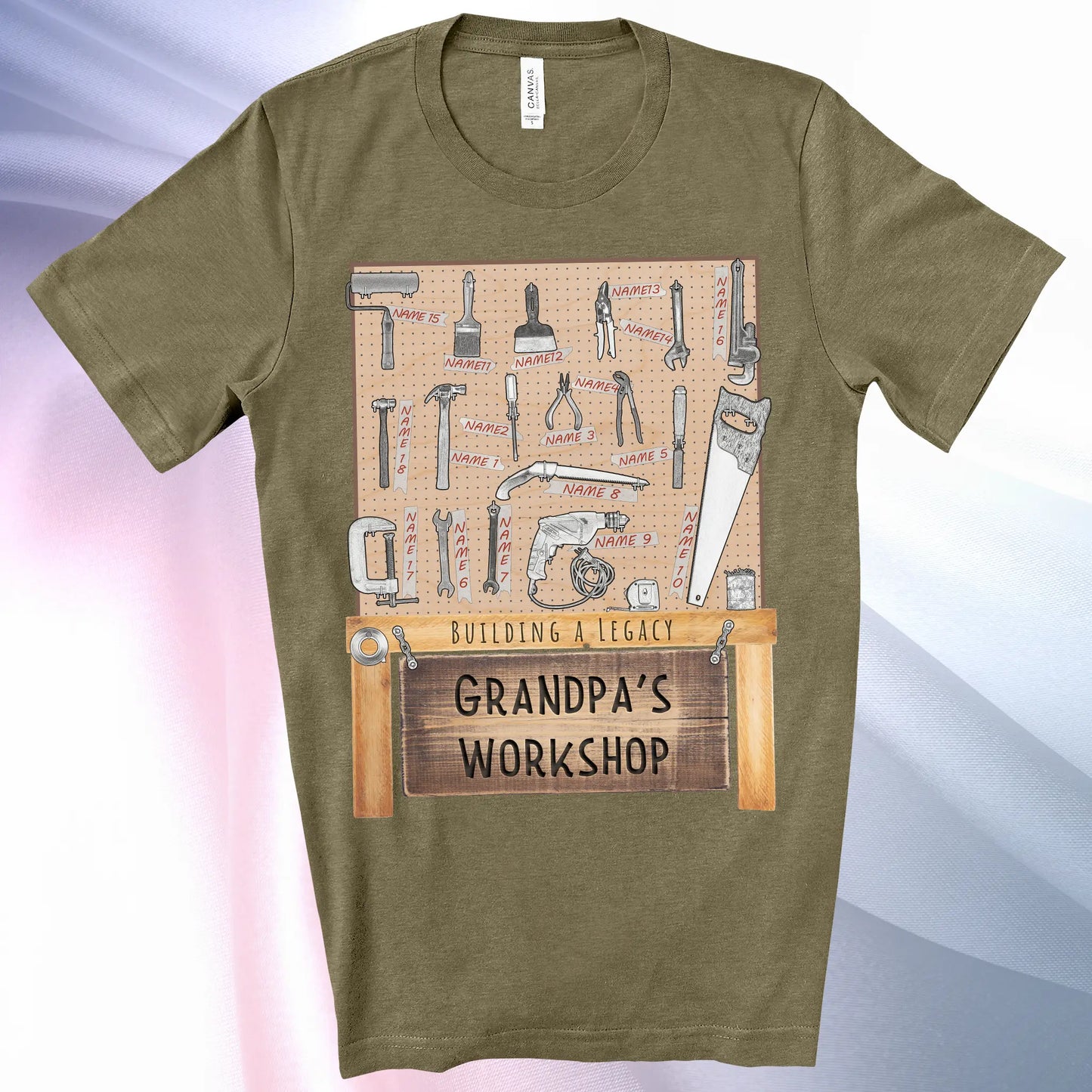 Heather Olive colored Grandpa's Workshop T-Shirt —showcase up to 18 people or pets using hand tool labels on a pegboard