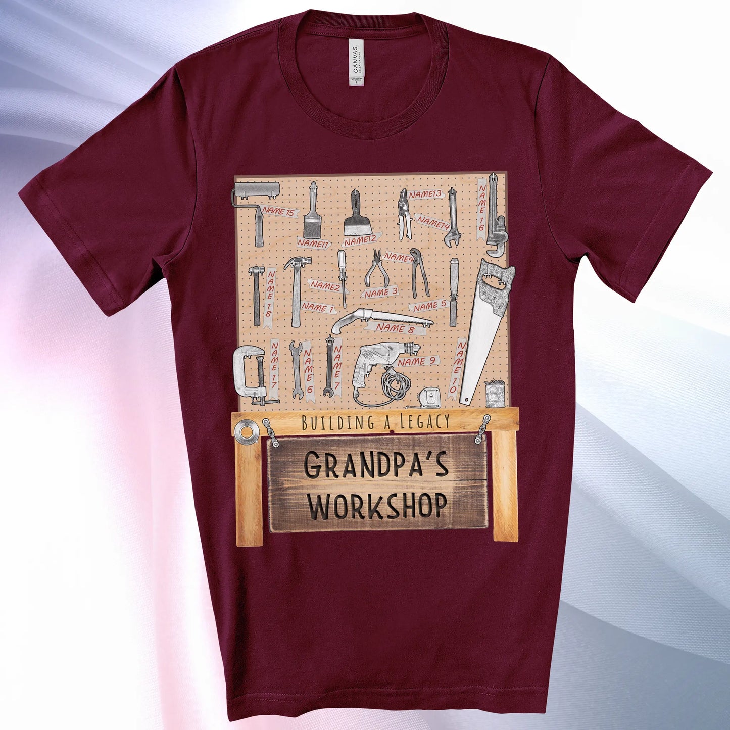 Maroon colored Grandpa's Workshop T-Shirt —showcase up to 18 people or pets using hand tool labels on a pegboard