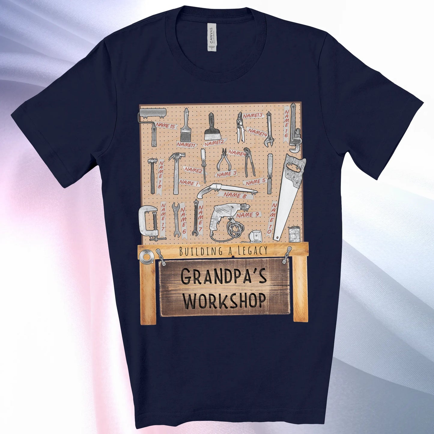 Navy colored Grandpa's Workshop T-Shirt —showcase up to 18 people or pets using hand tool labels on a pegboard