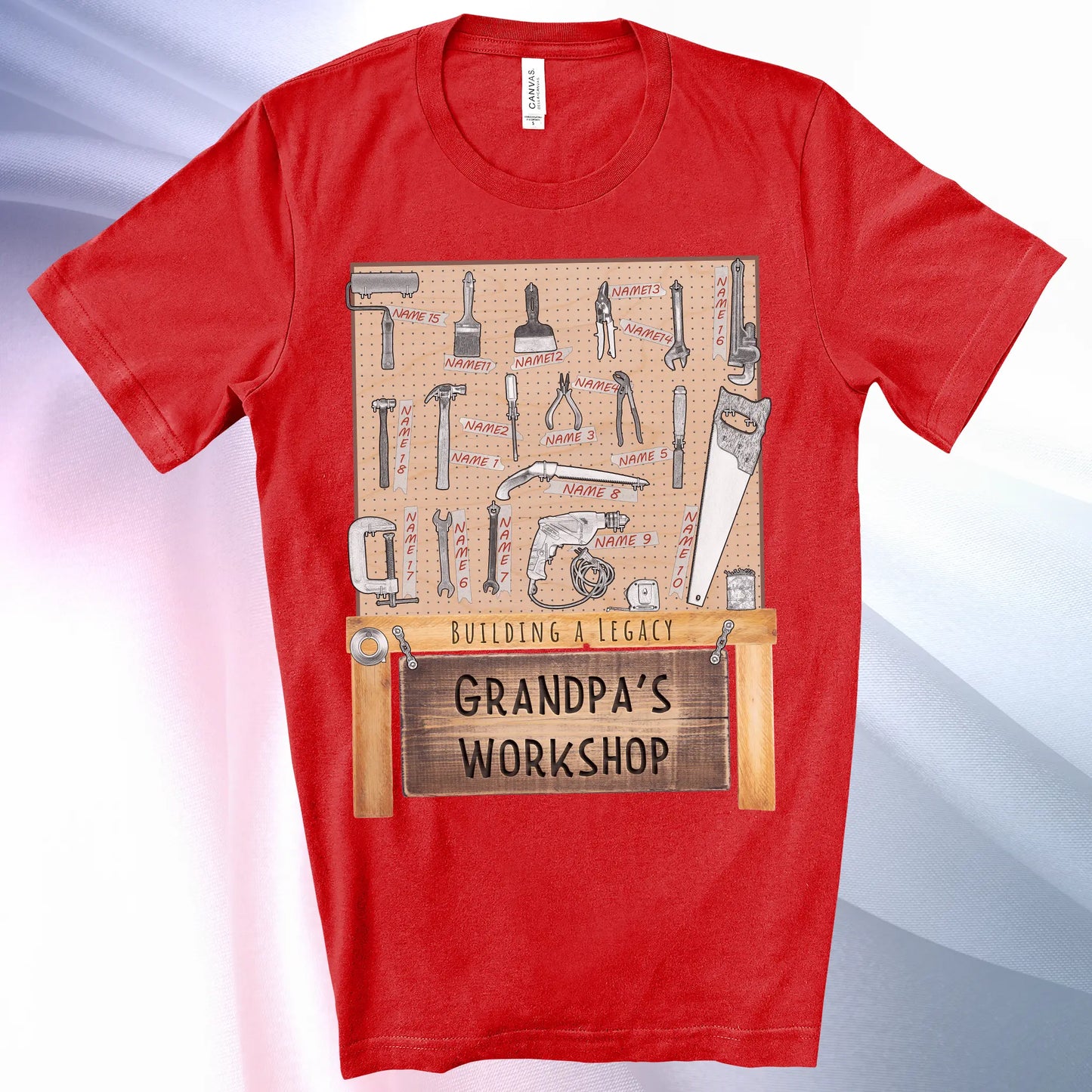 Red colored Grandpa's Workshop T-Shirt —showcase up to 18 people or pets using hand tool labels on a pegboard
