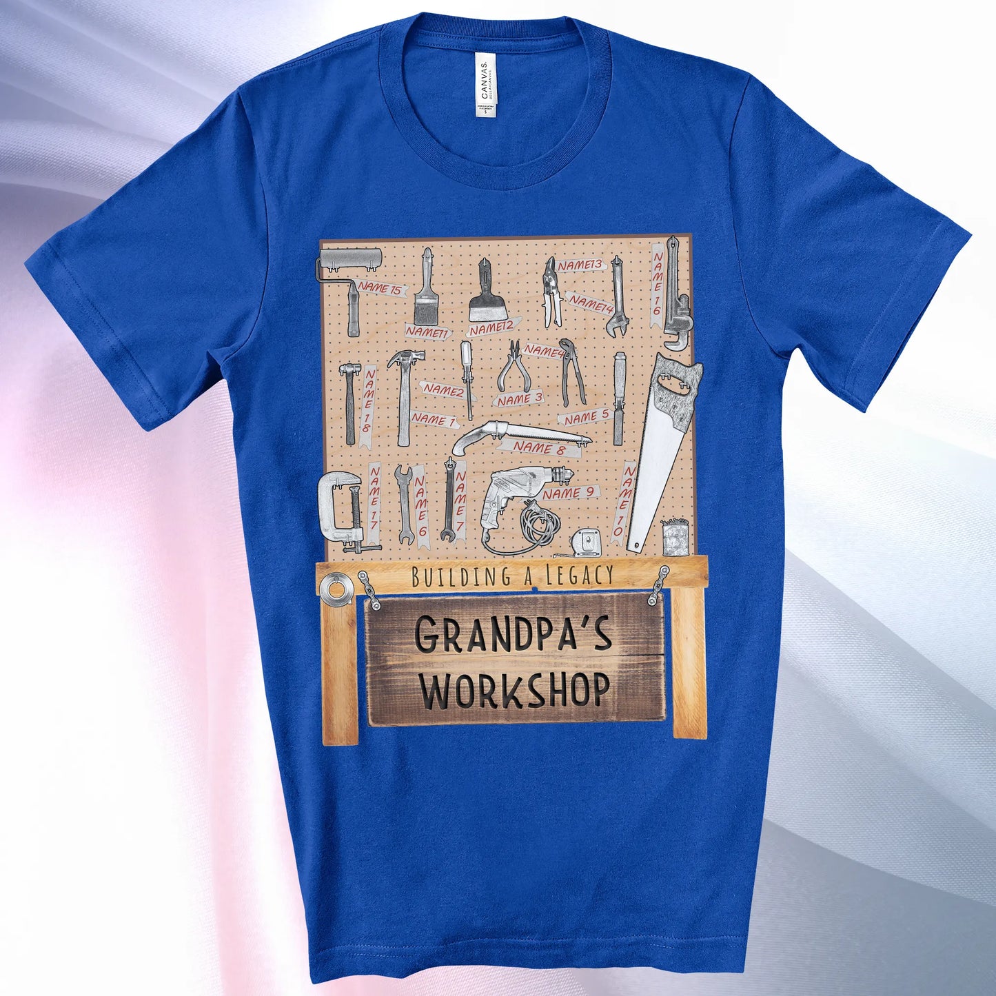 True Royal colored Grandpa's Workshop T-Shirt —showcase up to 18 people or pets using hand tool labels on a pegboard