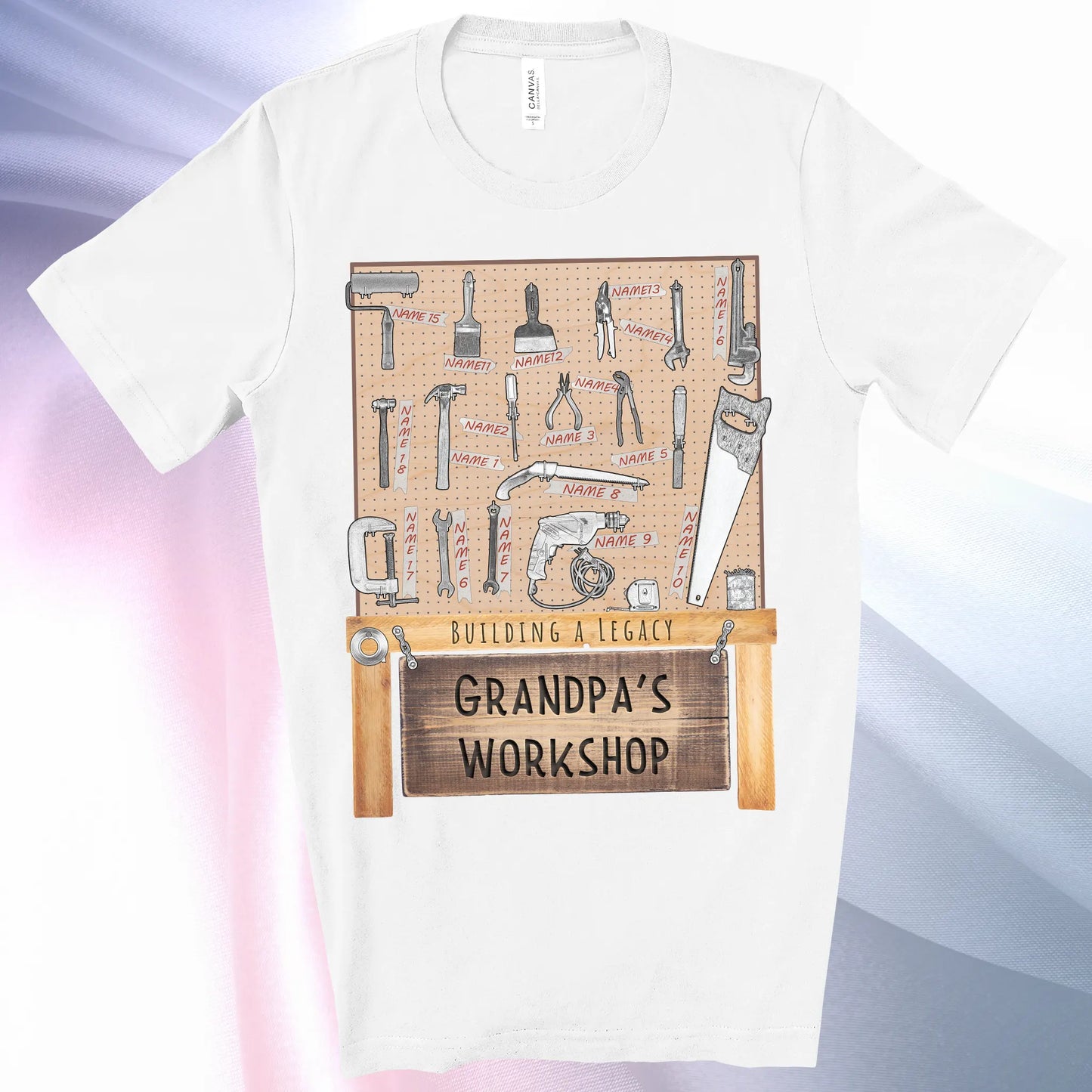 White colored Grandpa's Workshop T-Shirt —showcase up to 18 people or pets using hand tool labels on a pegboard