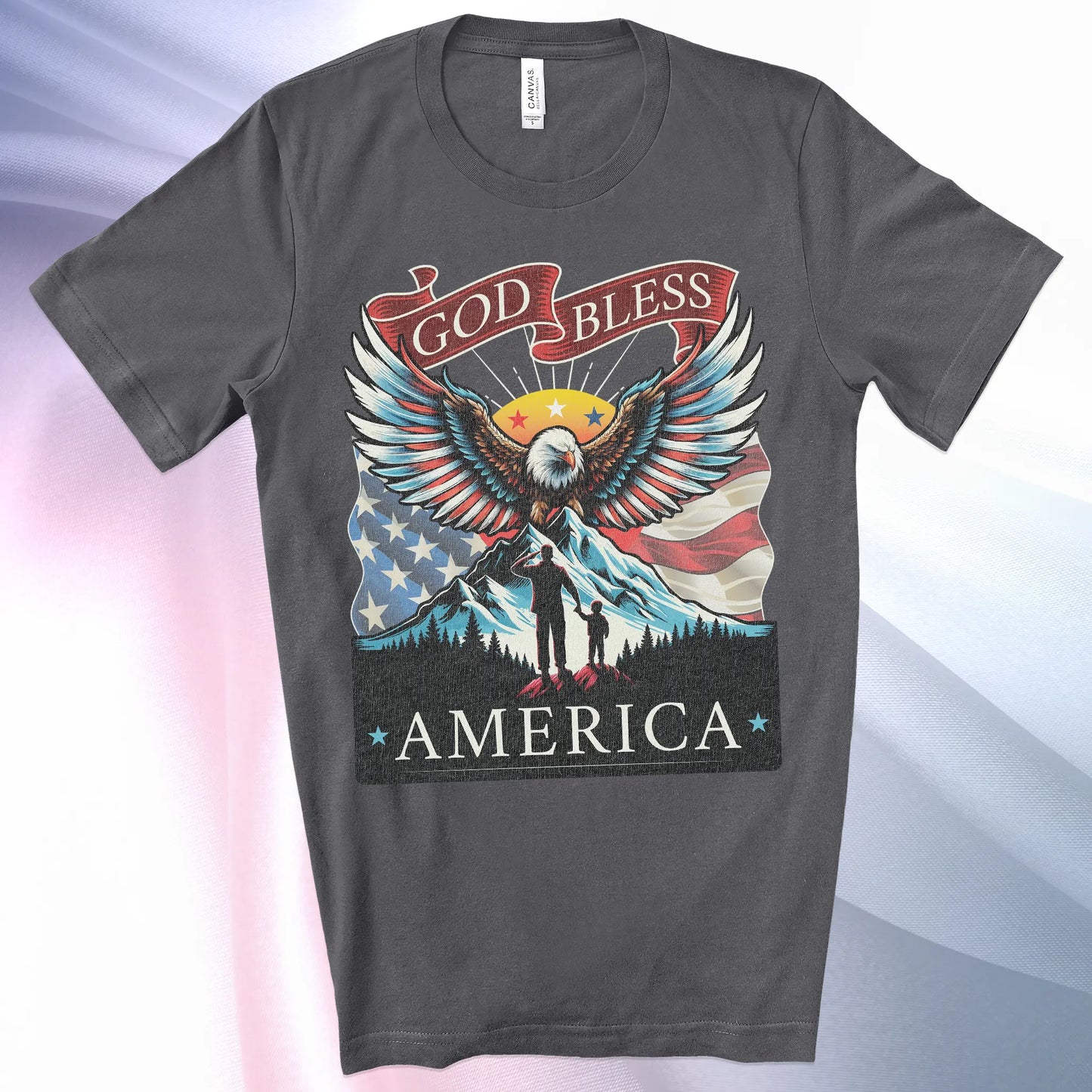 Asphalt colored Patriotic T-Shirt for Men. Eagle, mountain, wings, flag background, father son silhouette "God Bless America"