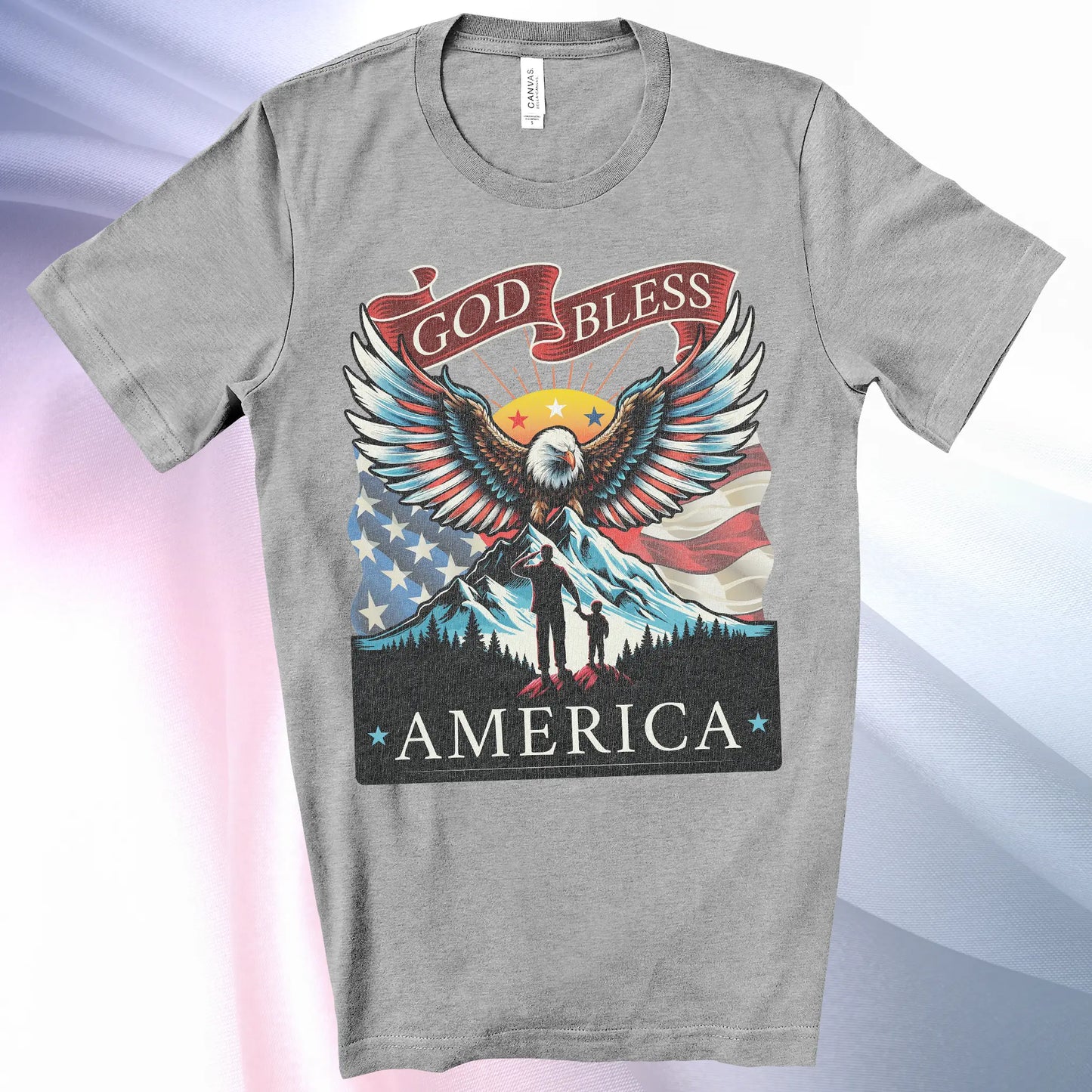 Athletic Heather colored Patriotic T-Shirt for Men. Eagle, mountain, wings, flag background, father & son "God Bless America"