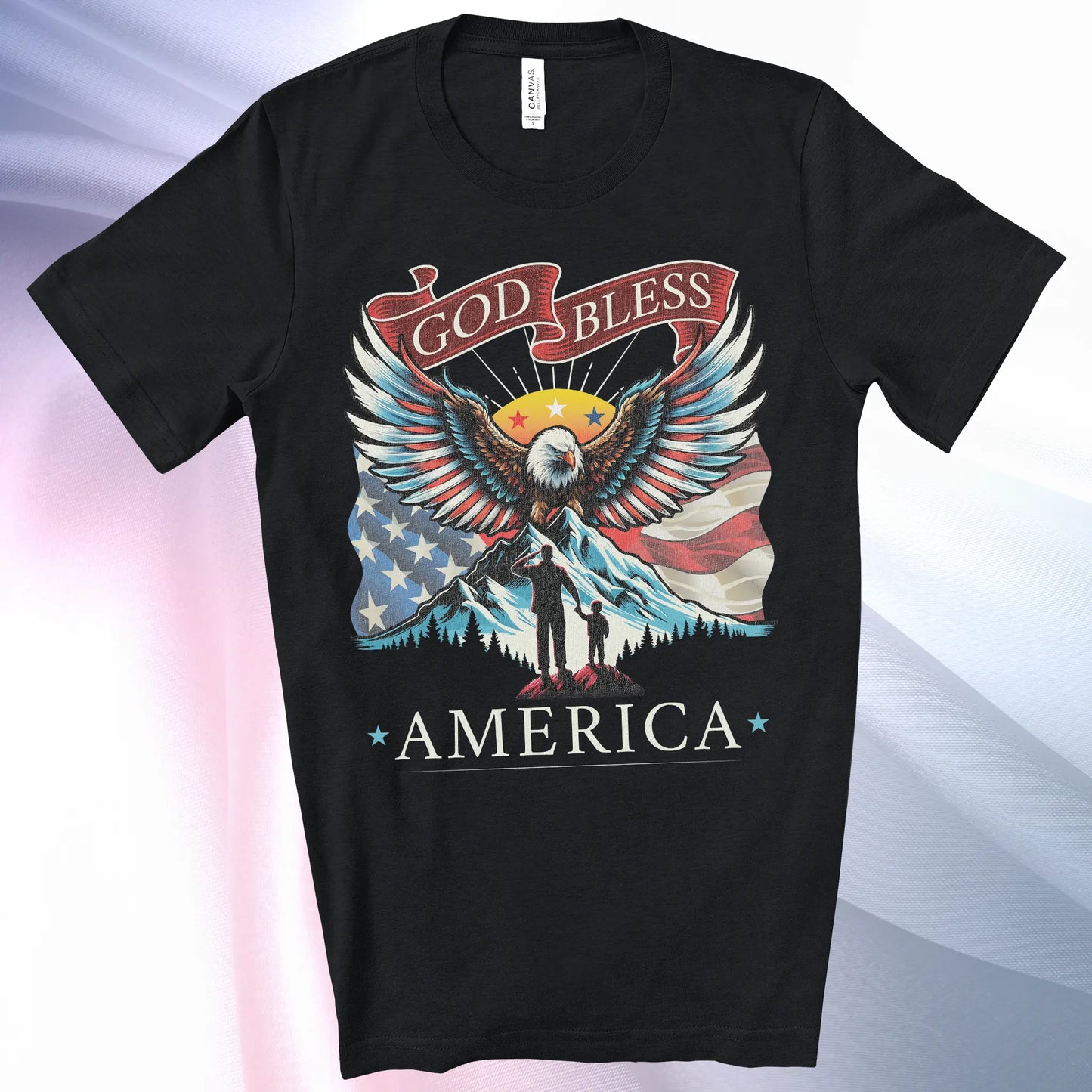 Black colored Patriotic T-Shirt for Men. Eagle, mountain, wings, flag background, father son silhouette, "God Bless America"
