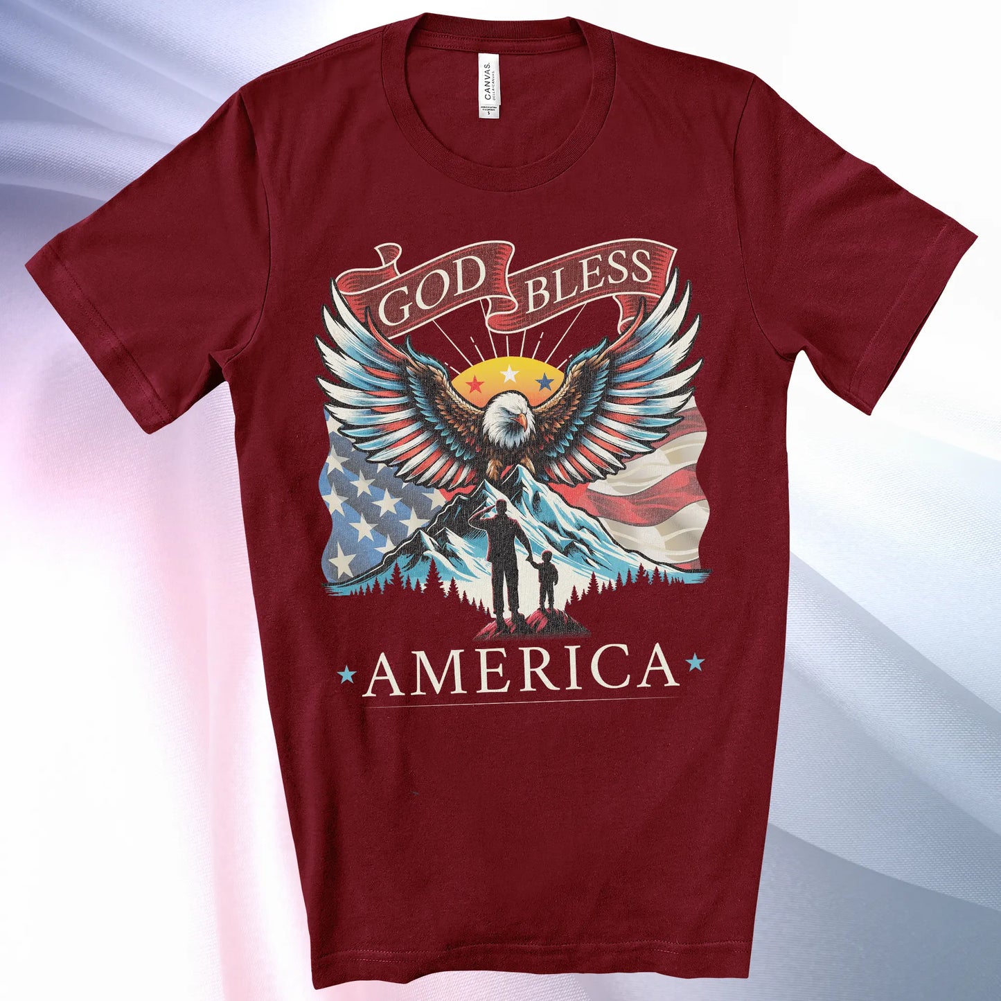 Cardinal colored Patriotic T-Shirt for Men. Eagle, mountain, wings, flag background, father & son, "God Bless America"