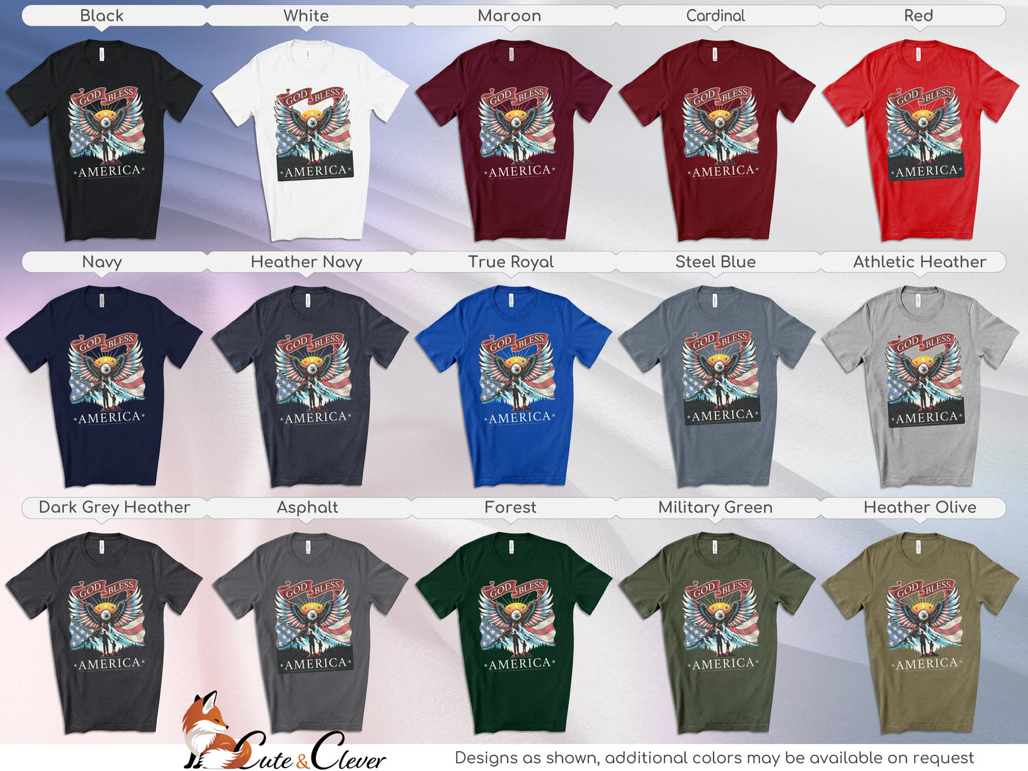 Patriotic T-Shirts for Men displayed in a grid listing 15 color choices and corresponding design variations on a silk background