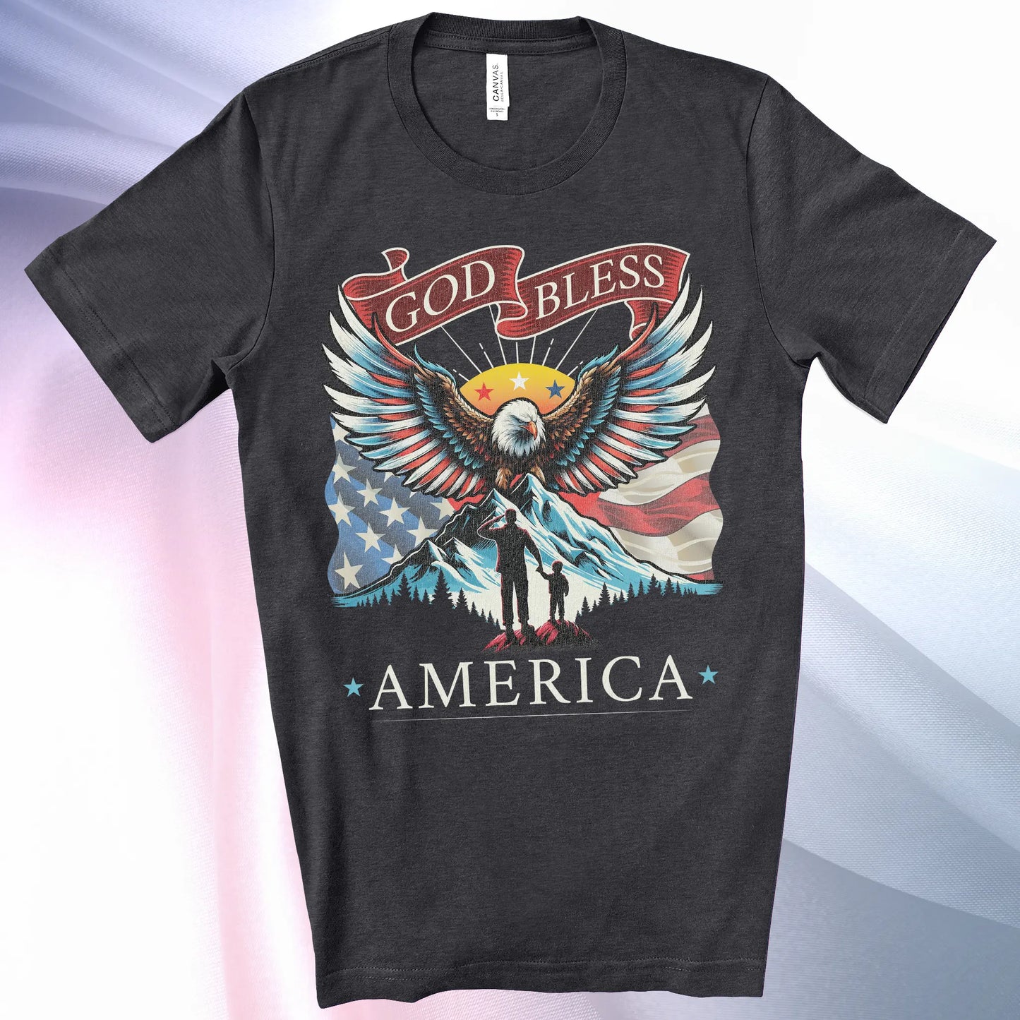 Dark Grey Heather Patriotic T-Shirt for Men. Eagle, mountain, wings, flag background, father & son, "God Bless America"