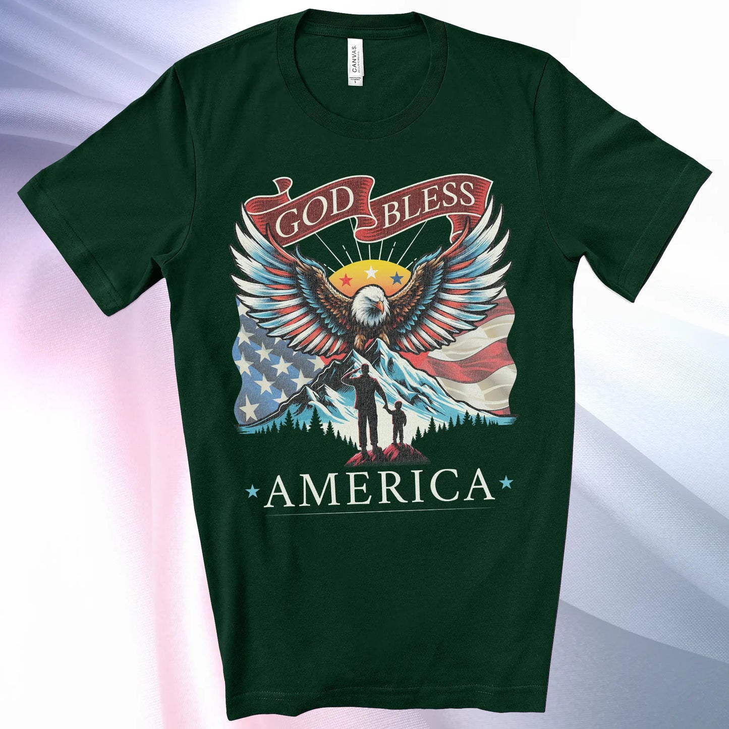 Forest colored Patriotic T-Shirt for Men. Eagle, mountain, wings, flag background, father son silhouette, "God Bless America"