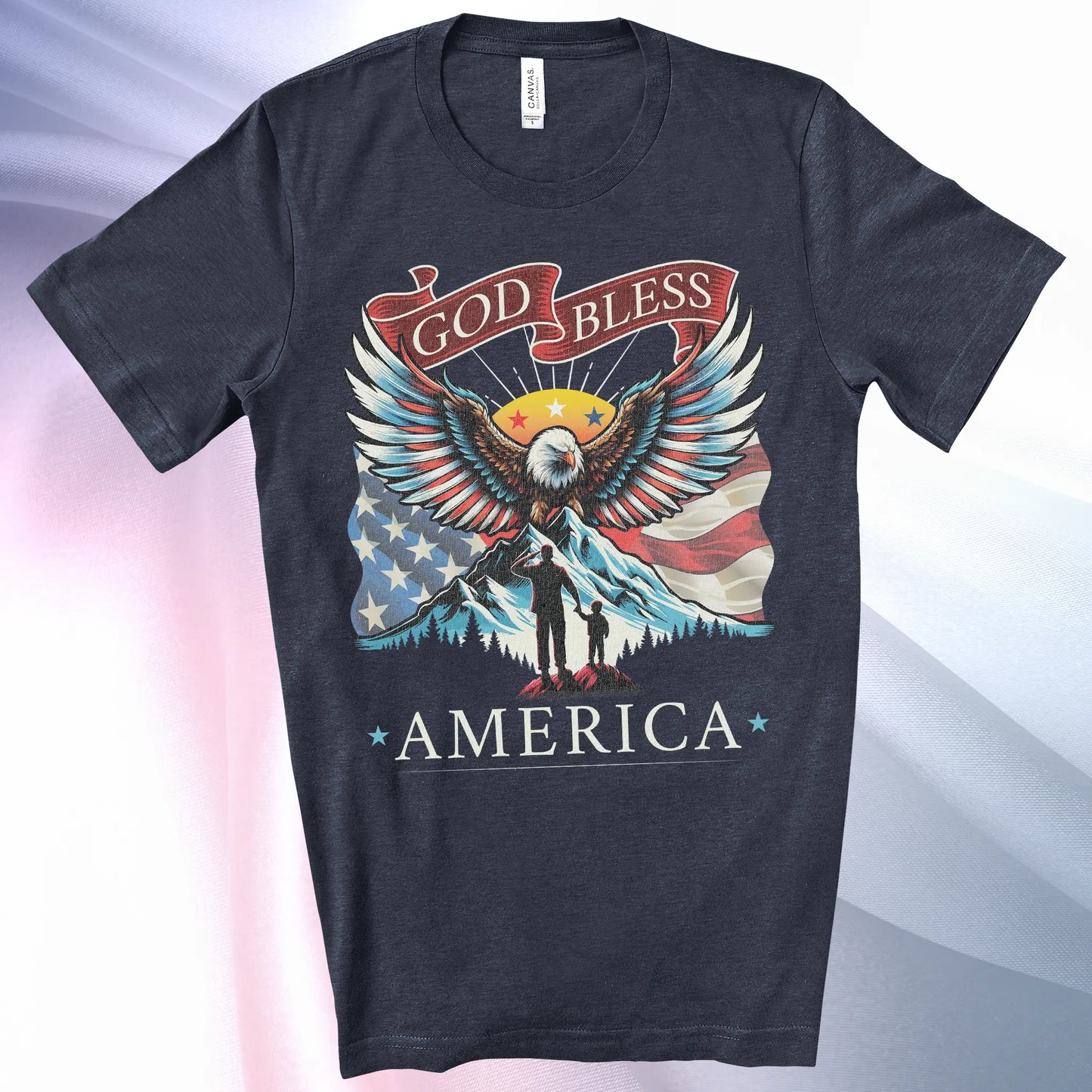 Heather Navy colored Patriotic T-Shirt for Men. Eagle, mountain, wings, flag background, father & son, "God Bless America"