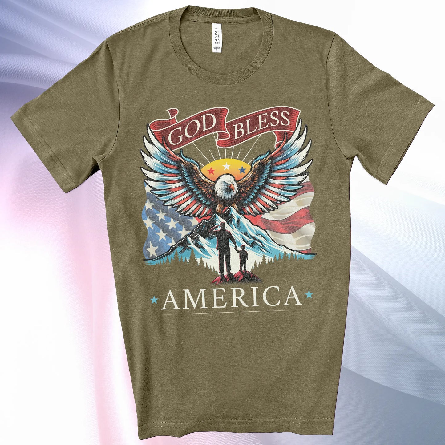Heather Olive colored Patriotic T-Shirt for Men. Eagle, mountain, wings, flag background, father & son, "God Bless America"