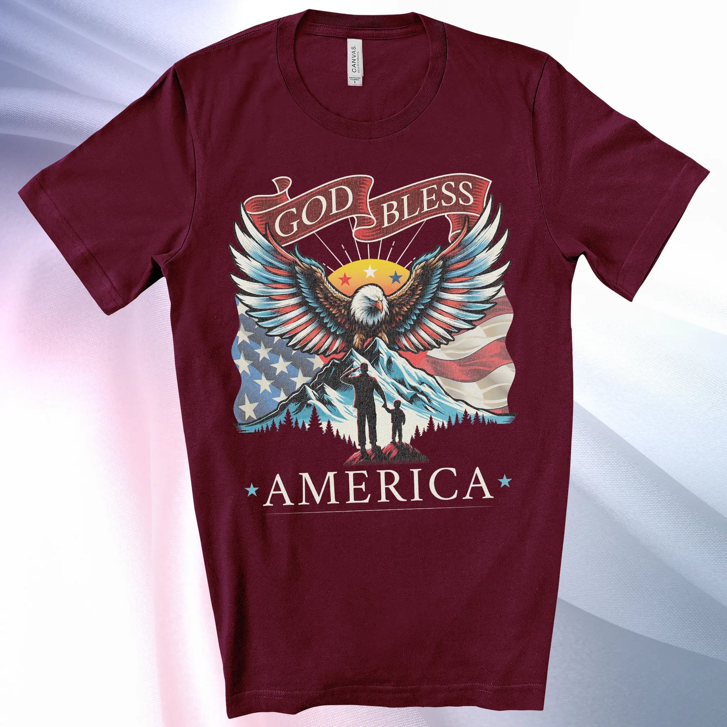 Maroon colored Patriotic T-Shirt for Men. Eagle, mountain, wings, flag background, father son silhouette, "God Bless America"