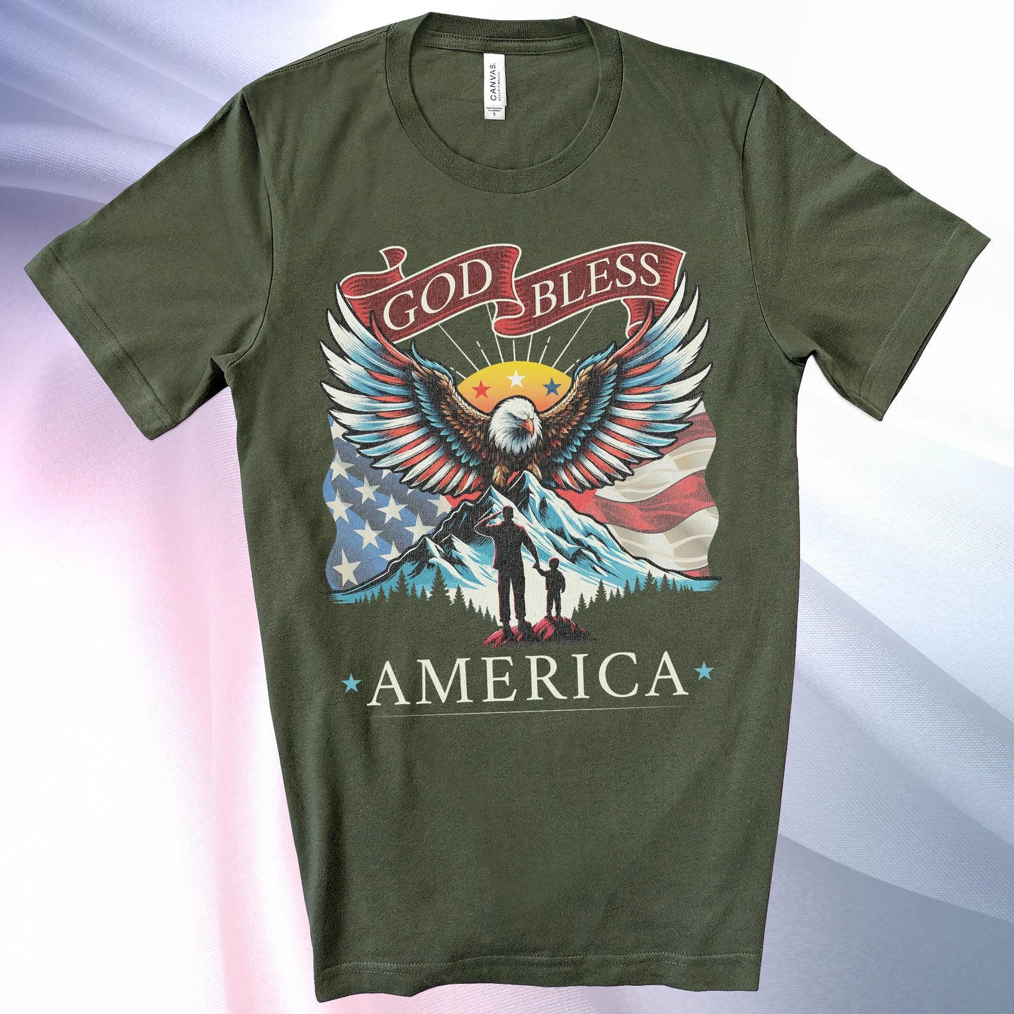 Military Green colored Patriotic T-Shirt for Men. Eagle, mountain, wings, flag background, father & son , "God Bless America"