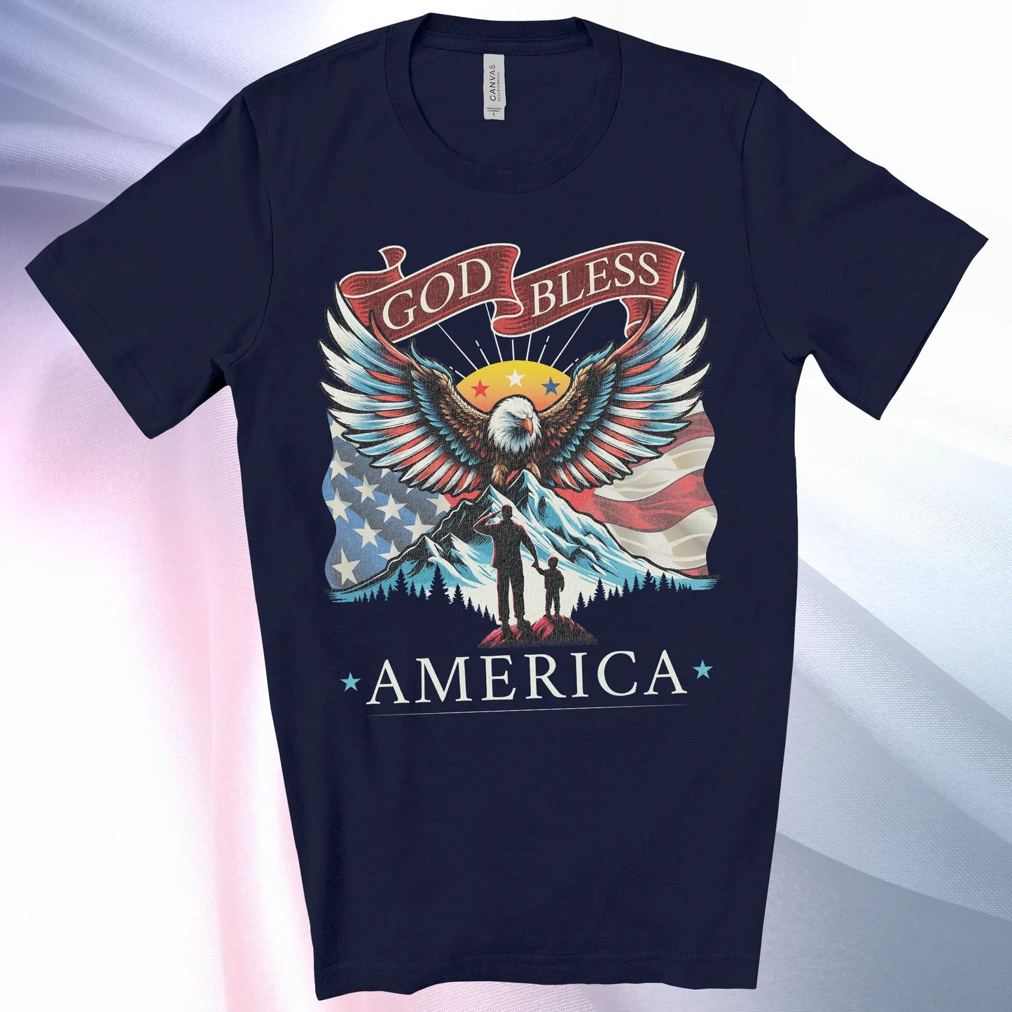 Navy colored Patriotic T-Shirt for Men. Eagle, mountain, wings, flag background, father son silhouette, "God Bless America"