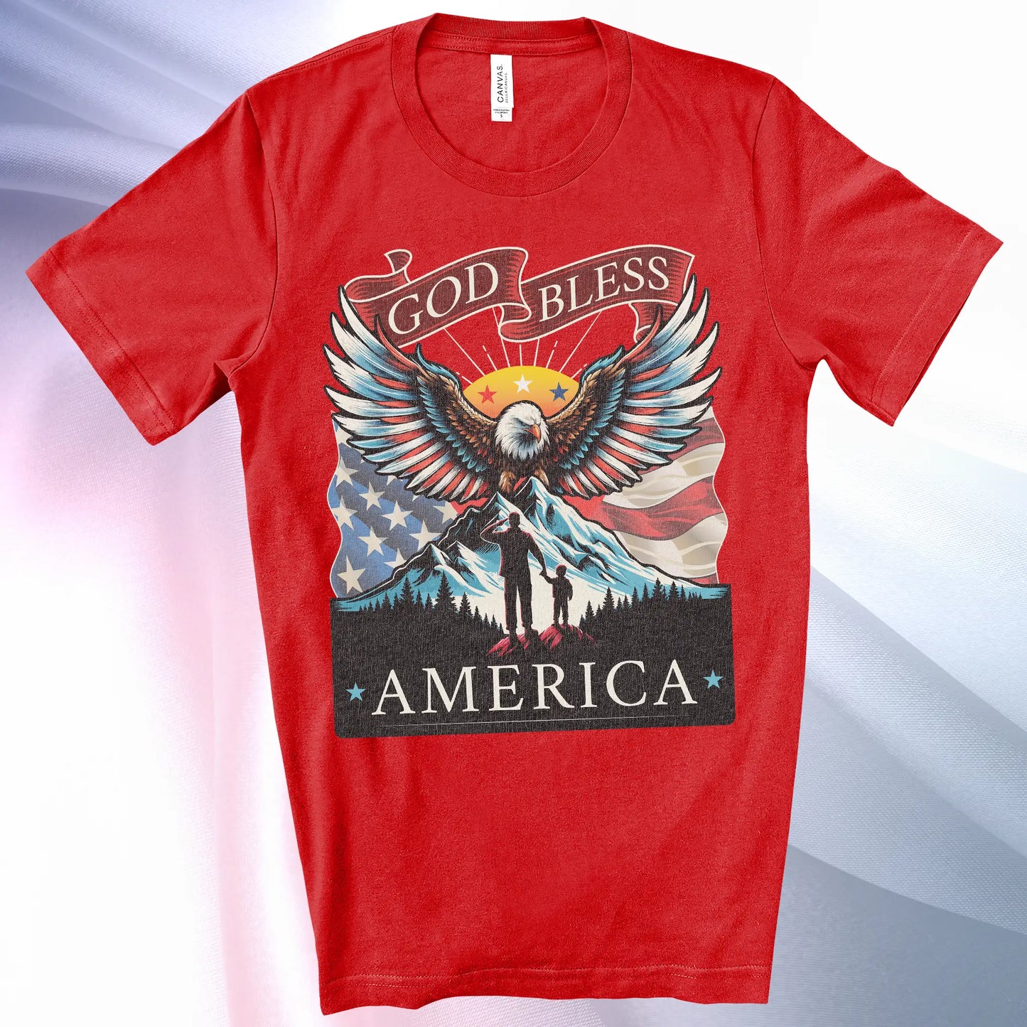 Red colored Patriotic T-Shirt for Men. Eagle, mountain, wings, flag background, father son silhouette, "God Bless America"