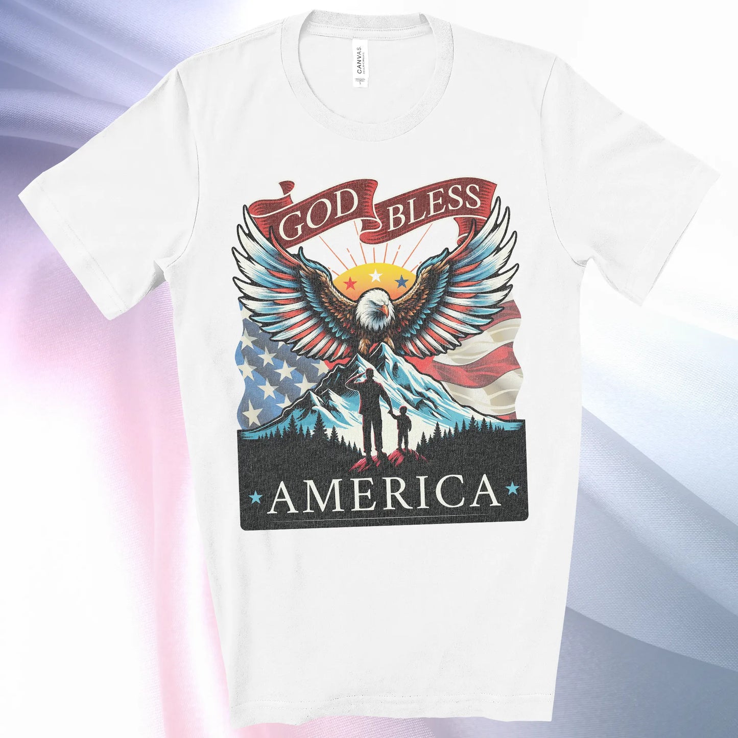 White colored Patriotic T-Shirt for Men. Eagle, mountain, wings, flag background, father son silhouette, "God Bless America"