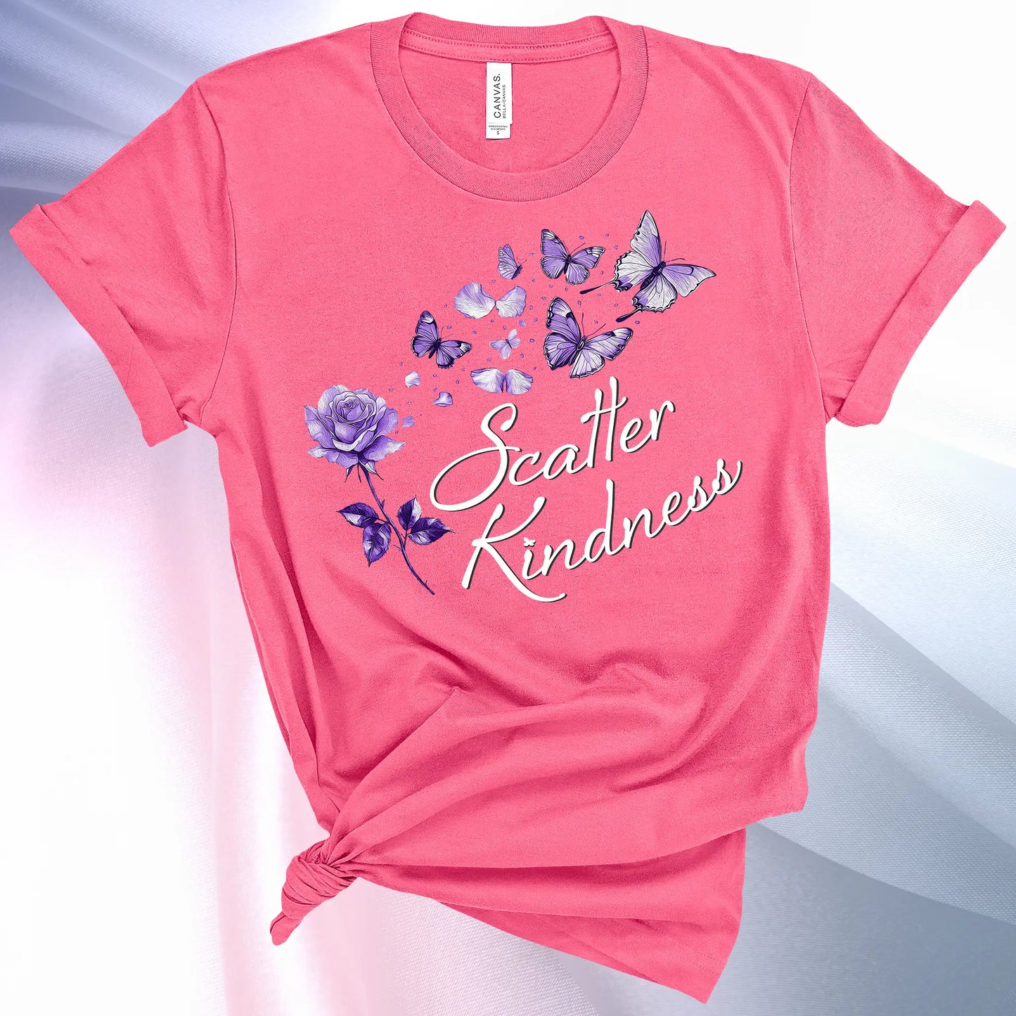 Charity Pink colored Scatter Kindness T-Shirt for women, radiate positive vibes and make your world a little brighter!