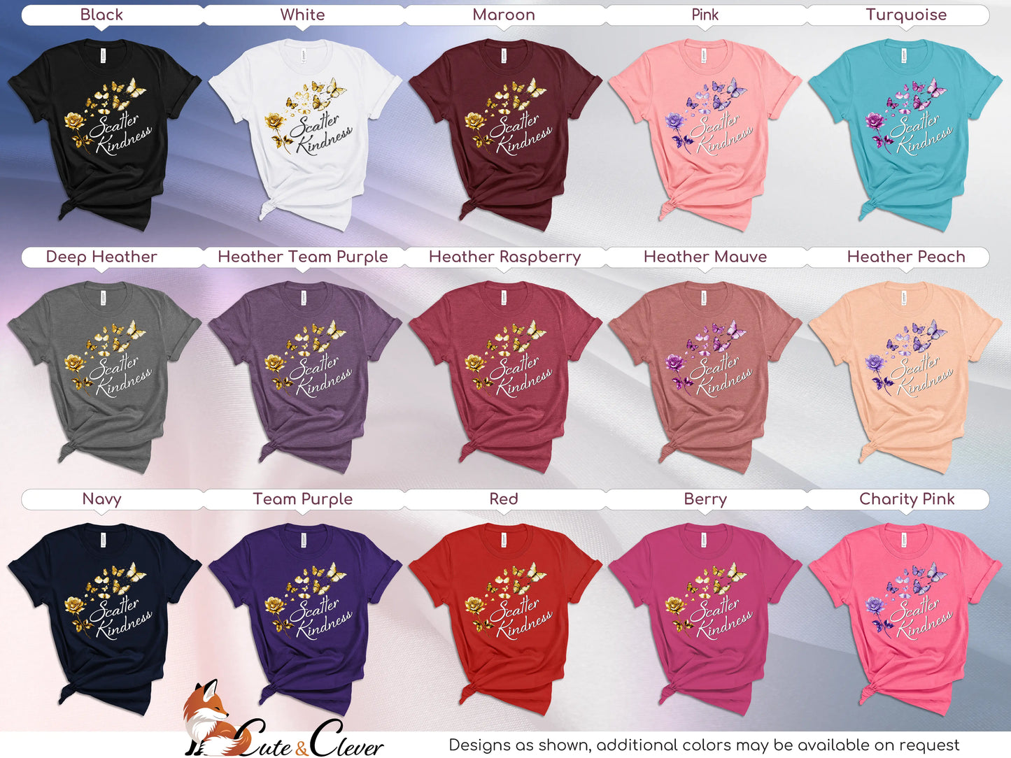 Scatter Kindness T-Shirt for women displayed in a grid listing 15 color choices and corresponding design variations on a silk background