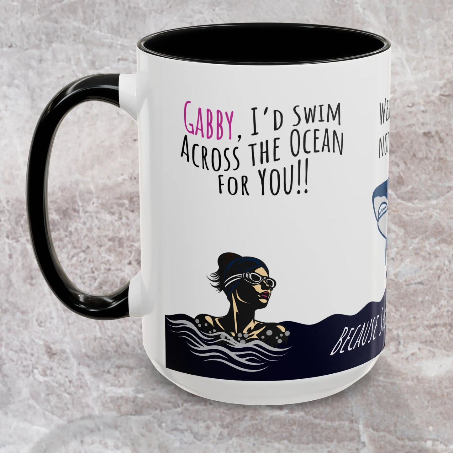 Black colored Swim Across Ocean Mug depicts woman in the ocean, staring down a shark, then pans to her on cruise boat instead.