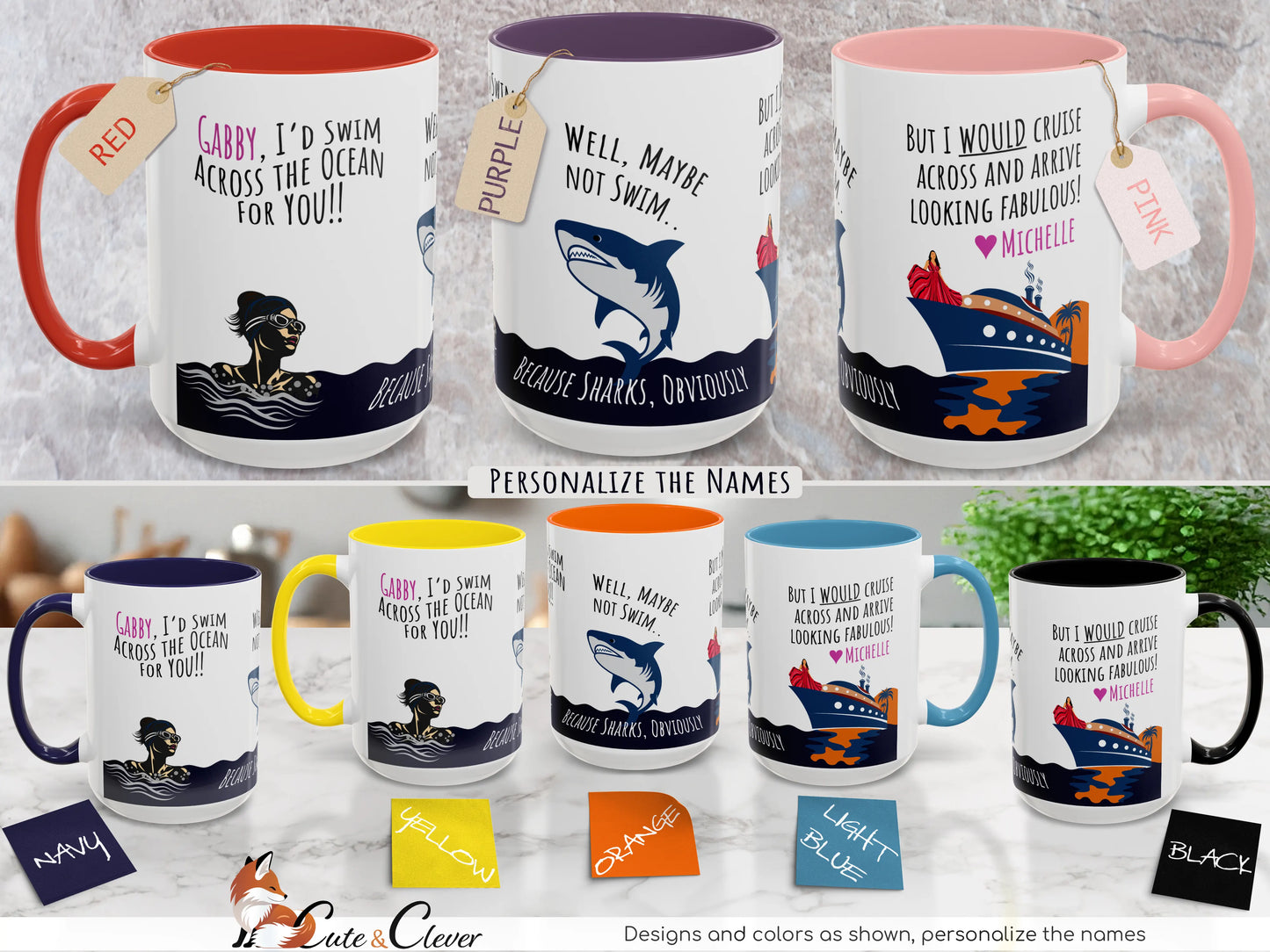 Photo depicting available 15Oz Premium Accent Mug colors for the personalized Swim the Ocean gift design for friends.