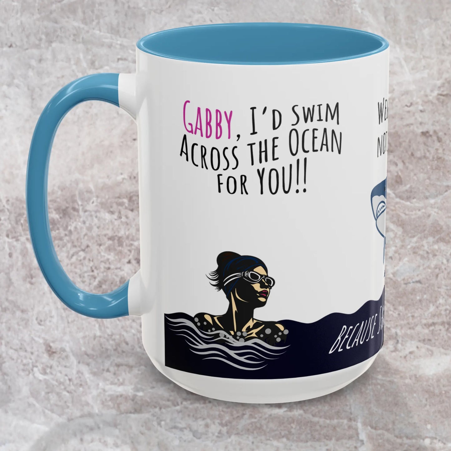 Light Blue colored Swim Across Ocean Mug depicts woman in the ocean, staring down a shark, then pans to her on cruise boat instead.