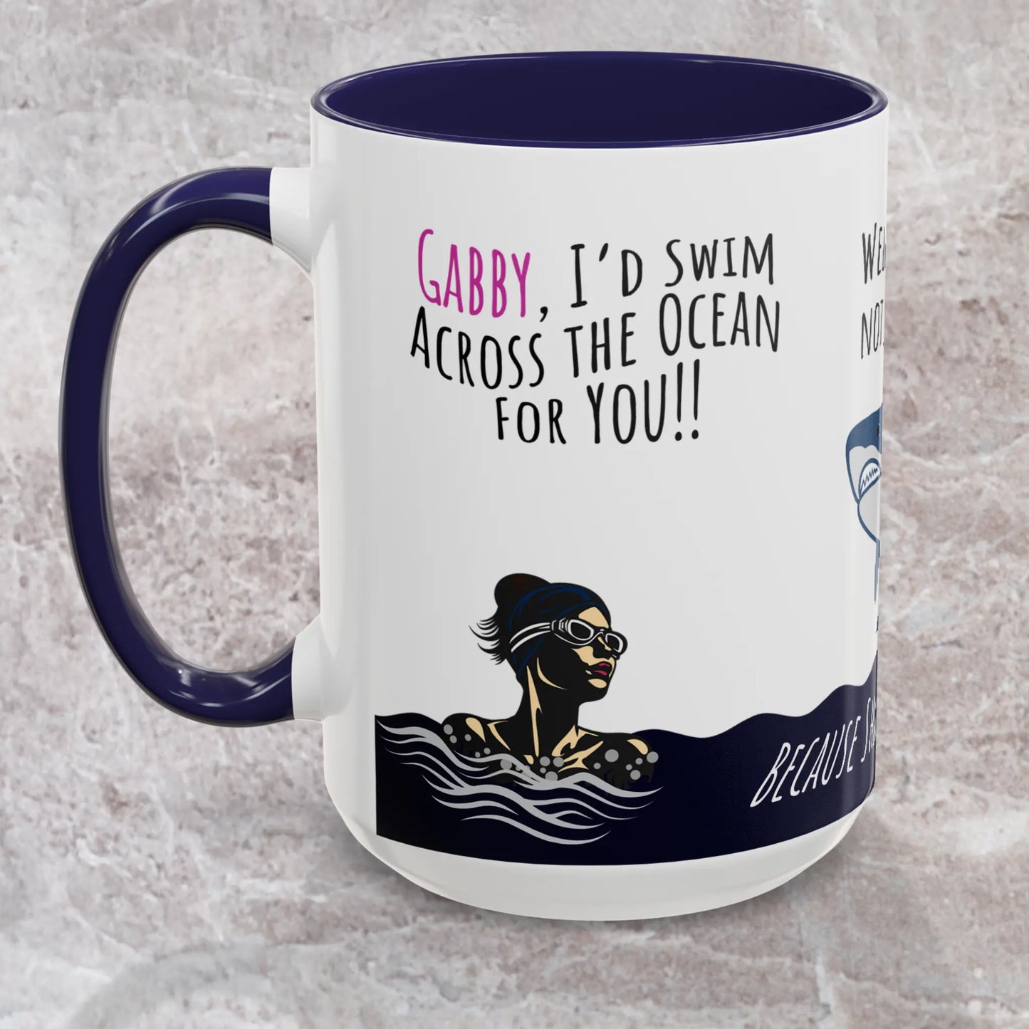 Navy colored Swim Across Ocean Mug depicts woman in the ocean, staring down a shark, then pans to her on cruise boat instead.