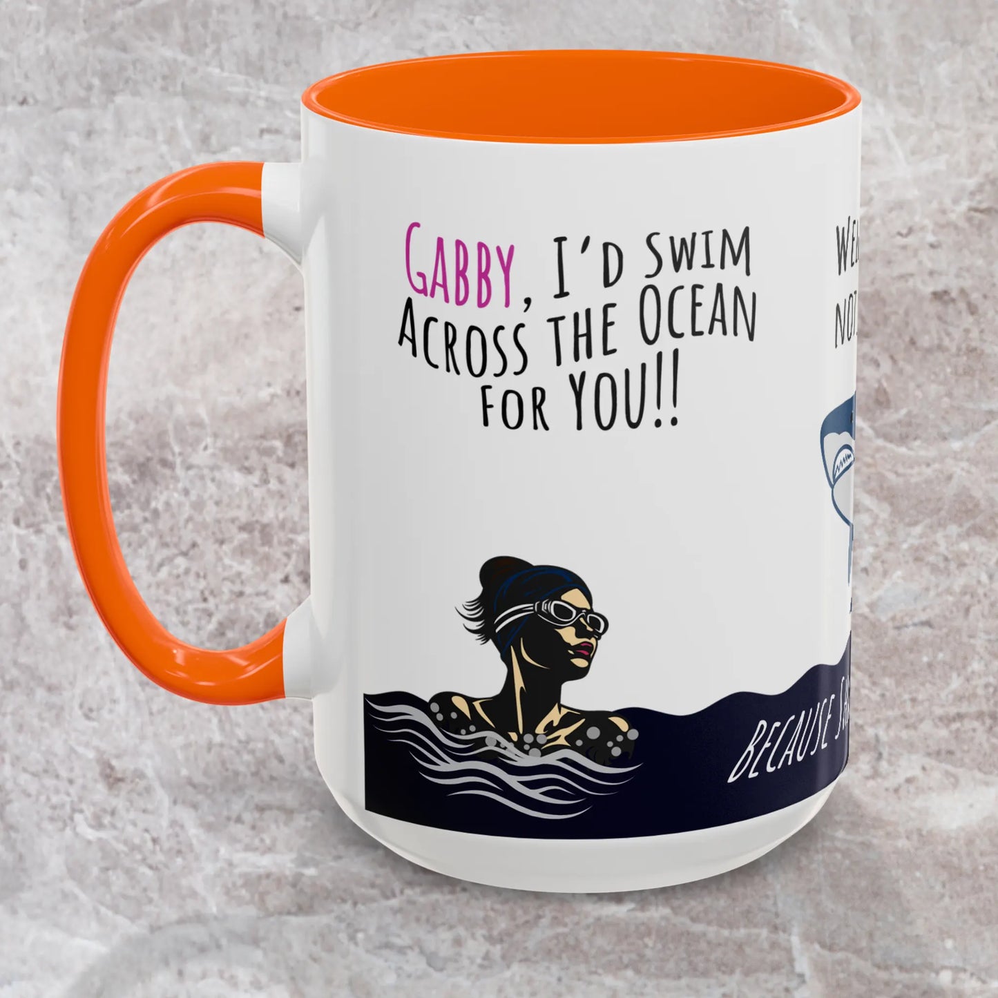 Orange colored Swim Across Ocean Mug depicts woman in the ocean, staring down a shark, then pans to her on cruise boat instead.