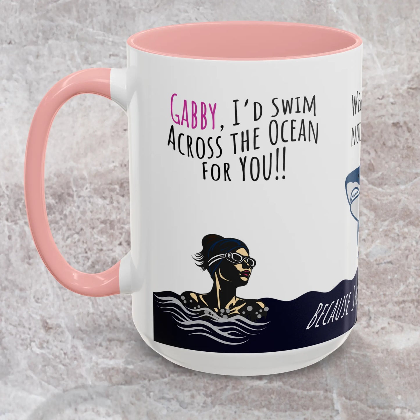 Pink colored Swim Across Ocean Mug depicts woman in the ocean, staring down a shark, then pans to her on cruise boat instead.