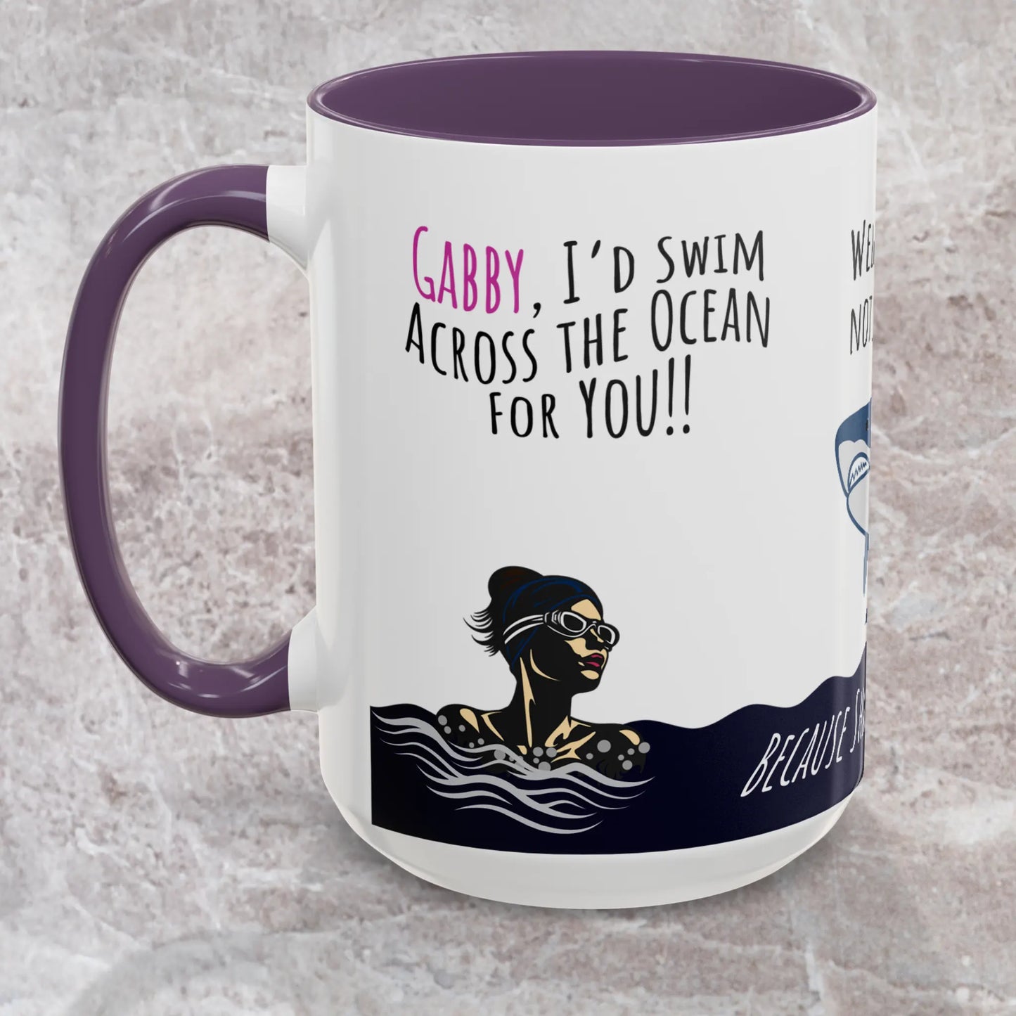 Purple colored Swim Across Ocean Mug depicts woman in the ocean, staring down a shark, then pans to her on cruise boat instead.