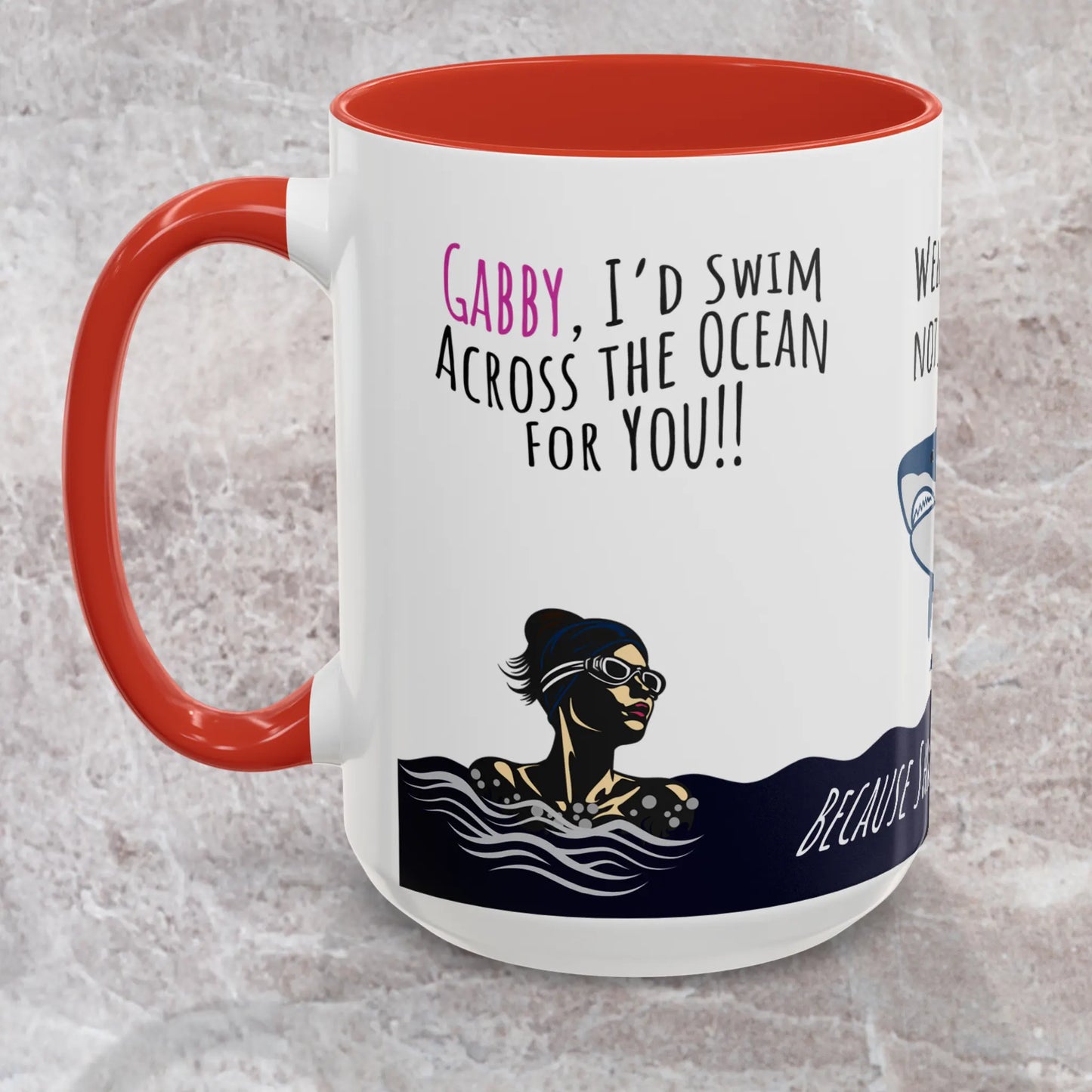 Red colored Swim Across Ocean Mug depicts woman in the ocean, staring down a shark, then pans to her on cruise boat instead.