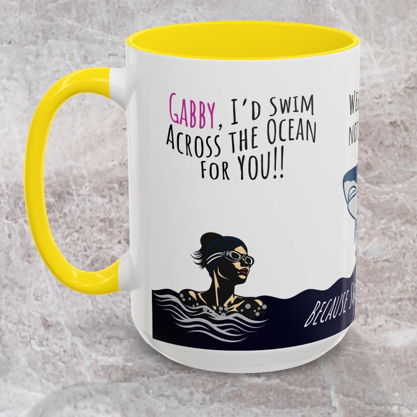 Yellow colored Swim Across Ocean Mug depicts woman in the ocean, staring down a shark, then pans to her on cruise boat instead.
