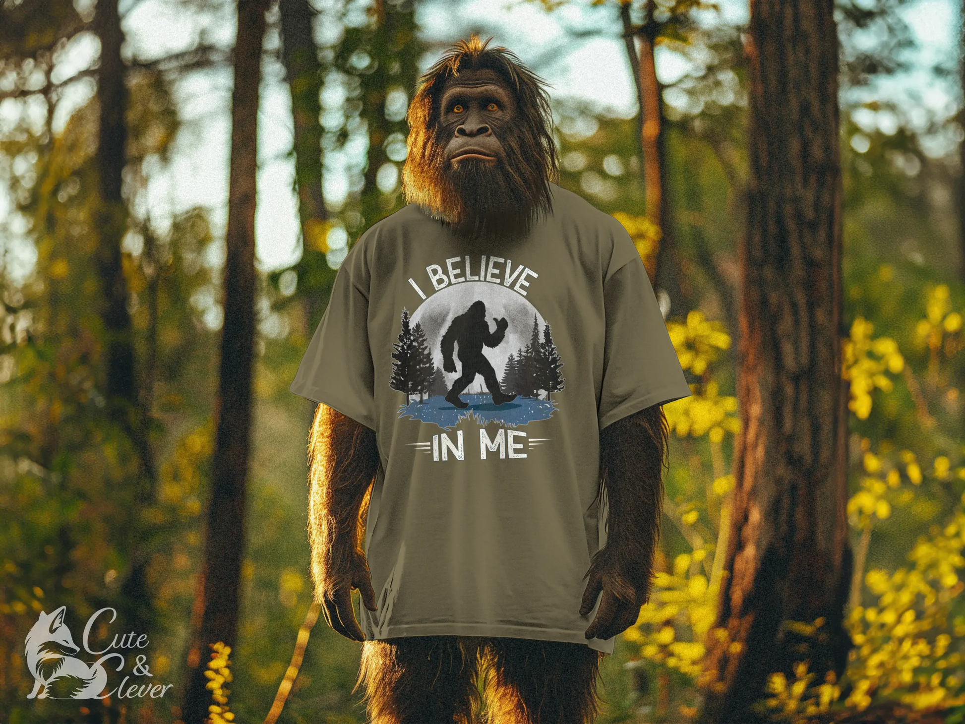 Bigfoot wearing a heather olive Bigfoot Believes T-Shirt in a summertime forest setting just before sunset
